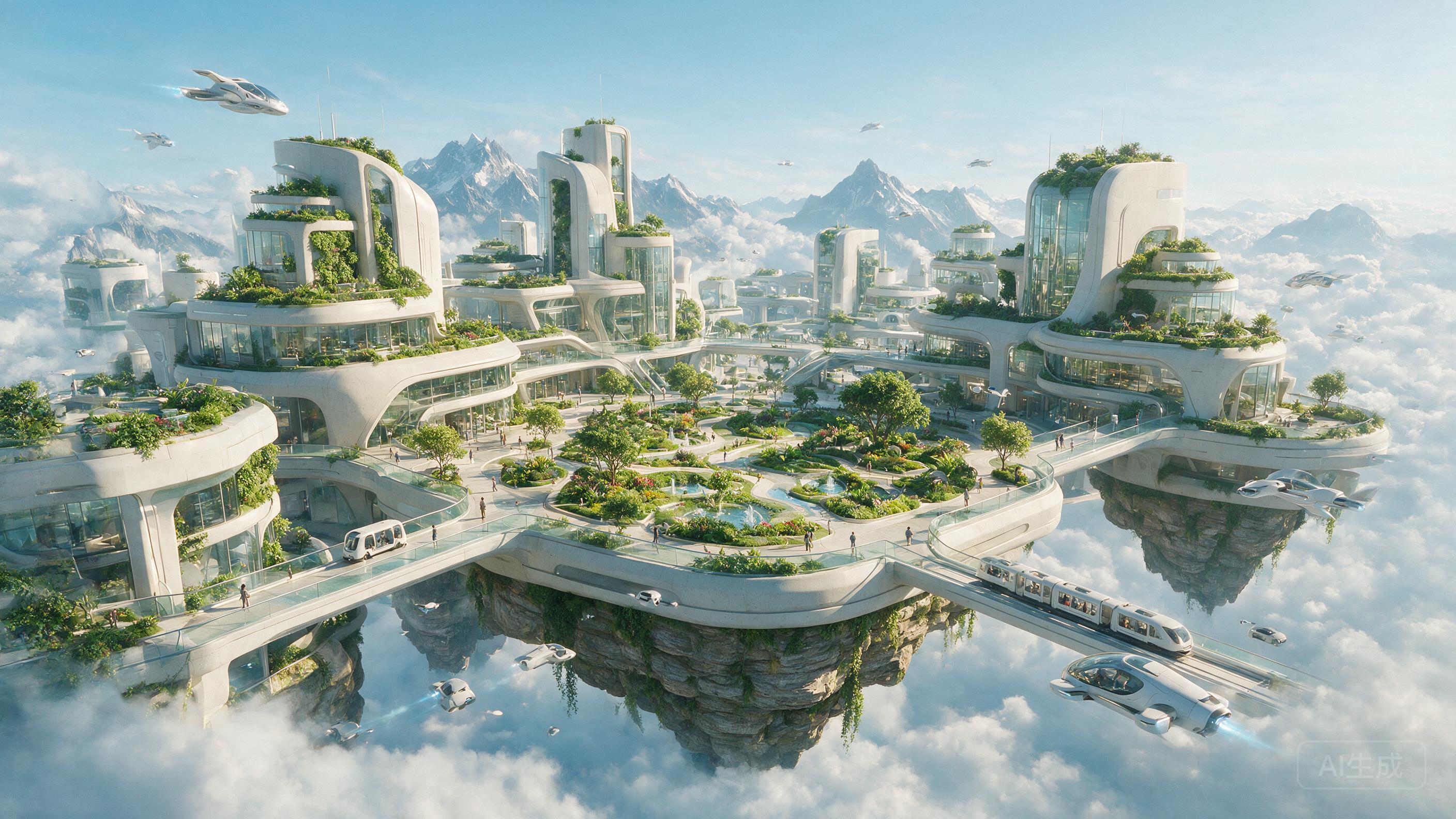 High-tech sustainable city floating on clouds, white and green architecture, flying vehicles, clean futuristic design