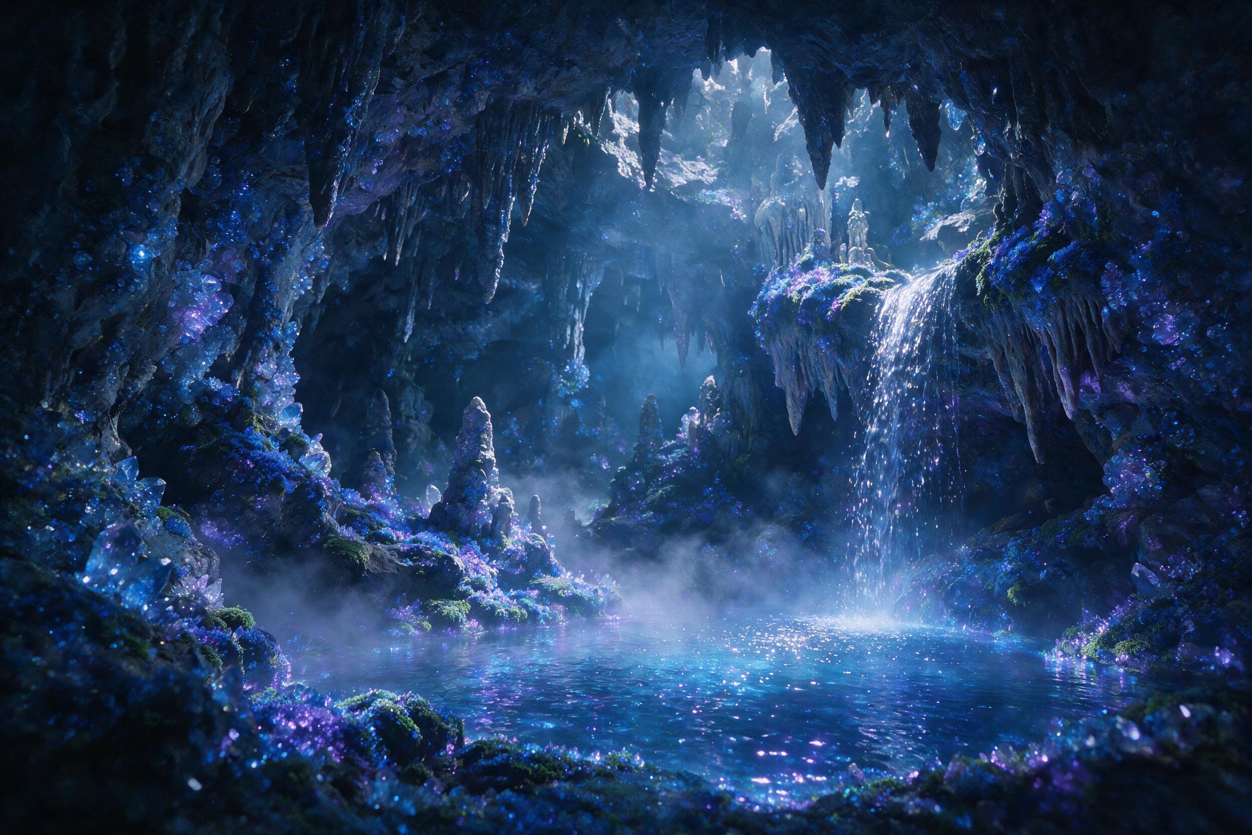 A luminous crystal cave deep underground, glowing blue and purple moss covering the walls, a small waterfall cascading into a pool of glowing water, soft mist rising, ethereal light rays filtering through cracks in the ceiling, rich colors, dreamlike atmosphere, slight grain for realism