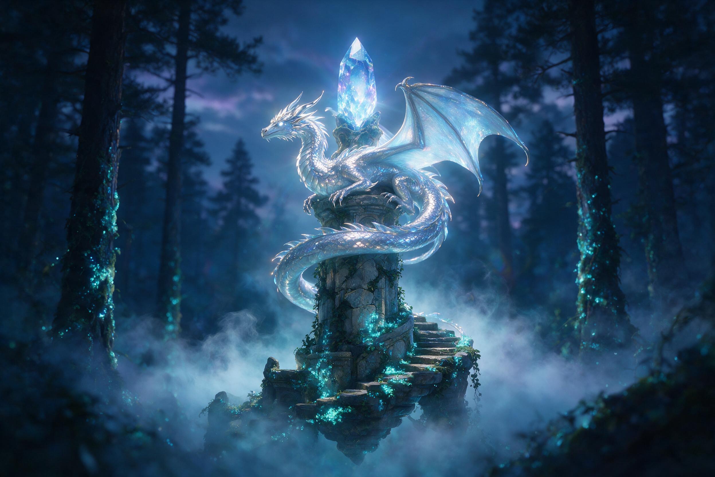 A luminous silver dragon curled around a floating crystal spire, bioluminescent moss clinging to ancient stone, soft mist swirling at the base, ethereal light from the crystal casting dancing shadows, composition centered with spiral leading lines, shallow depth of field, slight lens flare