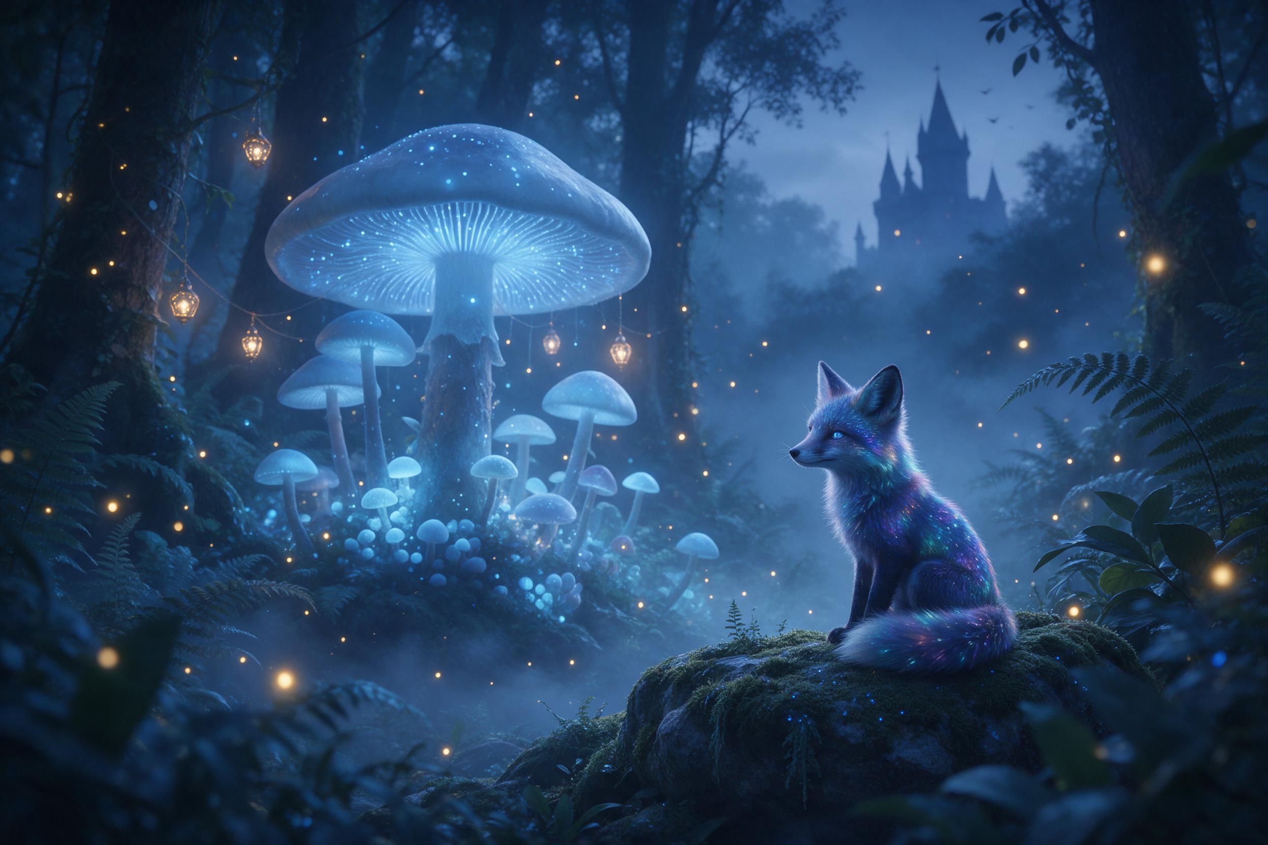 A misty twilight forest where giant glowing mushrooms cast soft blue light, a small fox with iridescent fur sits on a mossy rock, distant silhouette of a castle tower emerges from fog, fireflies drift in the air, gentle breeze rustling leaves, cinematic composition with layered depth and warm accent