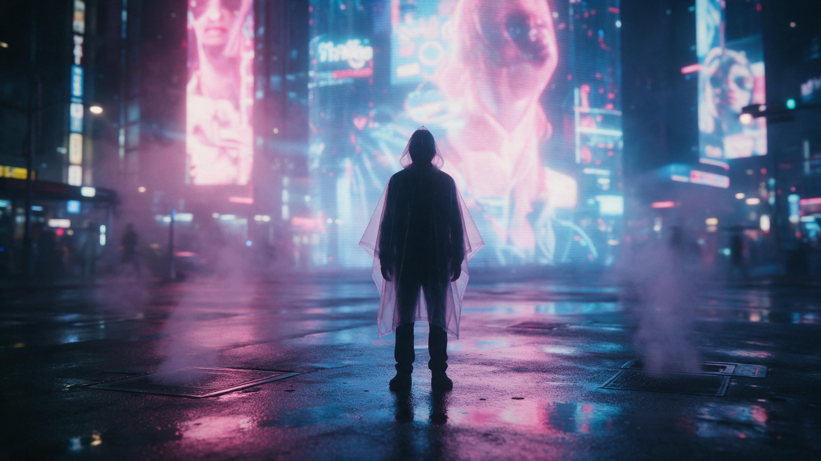 A lone figure in a translucent raincoat stands on a neon-lit Tokyo street at night, reflections smearing on wet asphalt, steam rising from vents, silhouette against towering holographic ads, cinematic composition with shallow depth of field, soft haze and glowing pink-blue ambient light, subtle moti