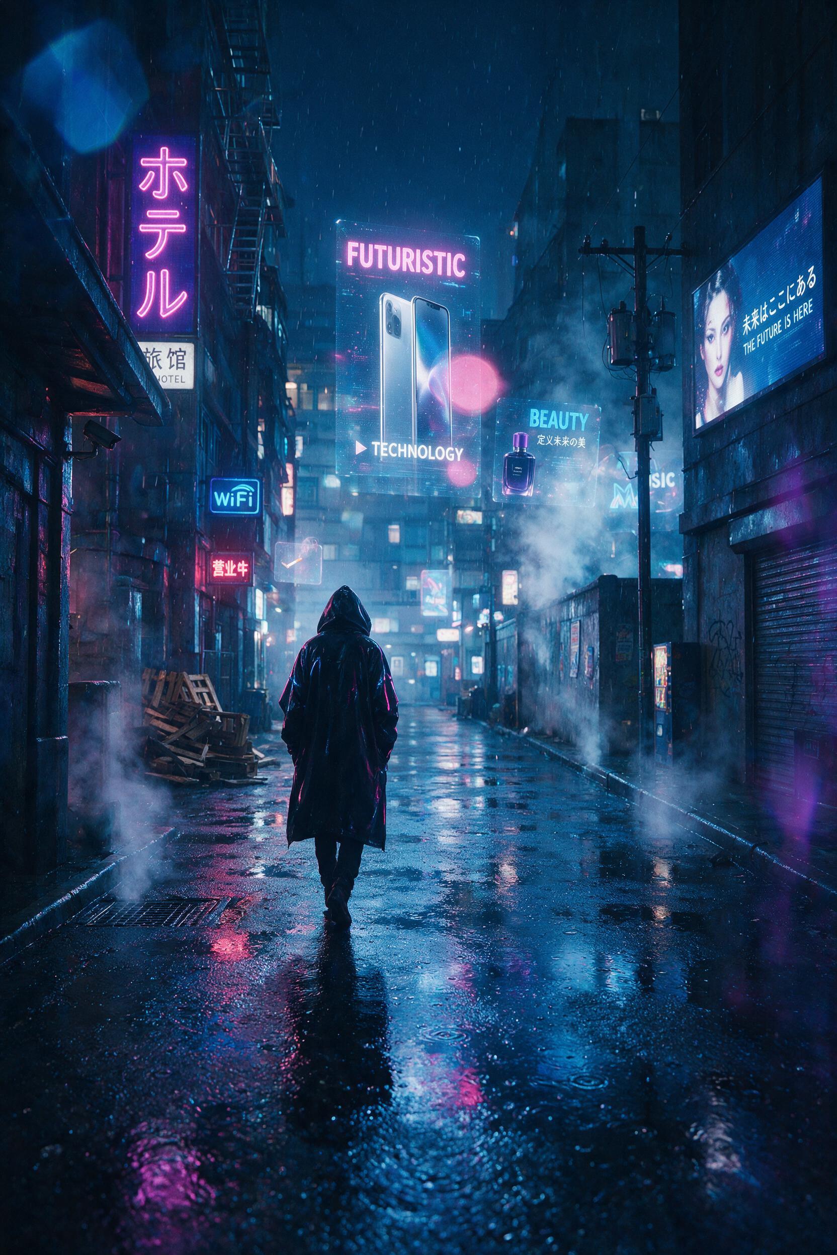 A neon-lit cyberpunk alleyway in rain, holographic advertising signs reflecting on wet asphalt, steam rising from vents, a lone figure in a hooded coat walking away, cinematic lighting with blue and magenta tones, slight lens flare, shallow depth of field