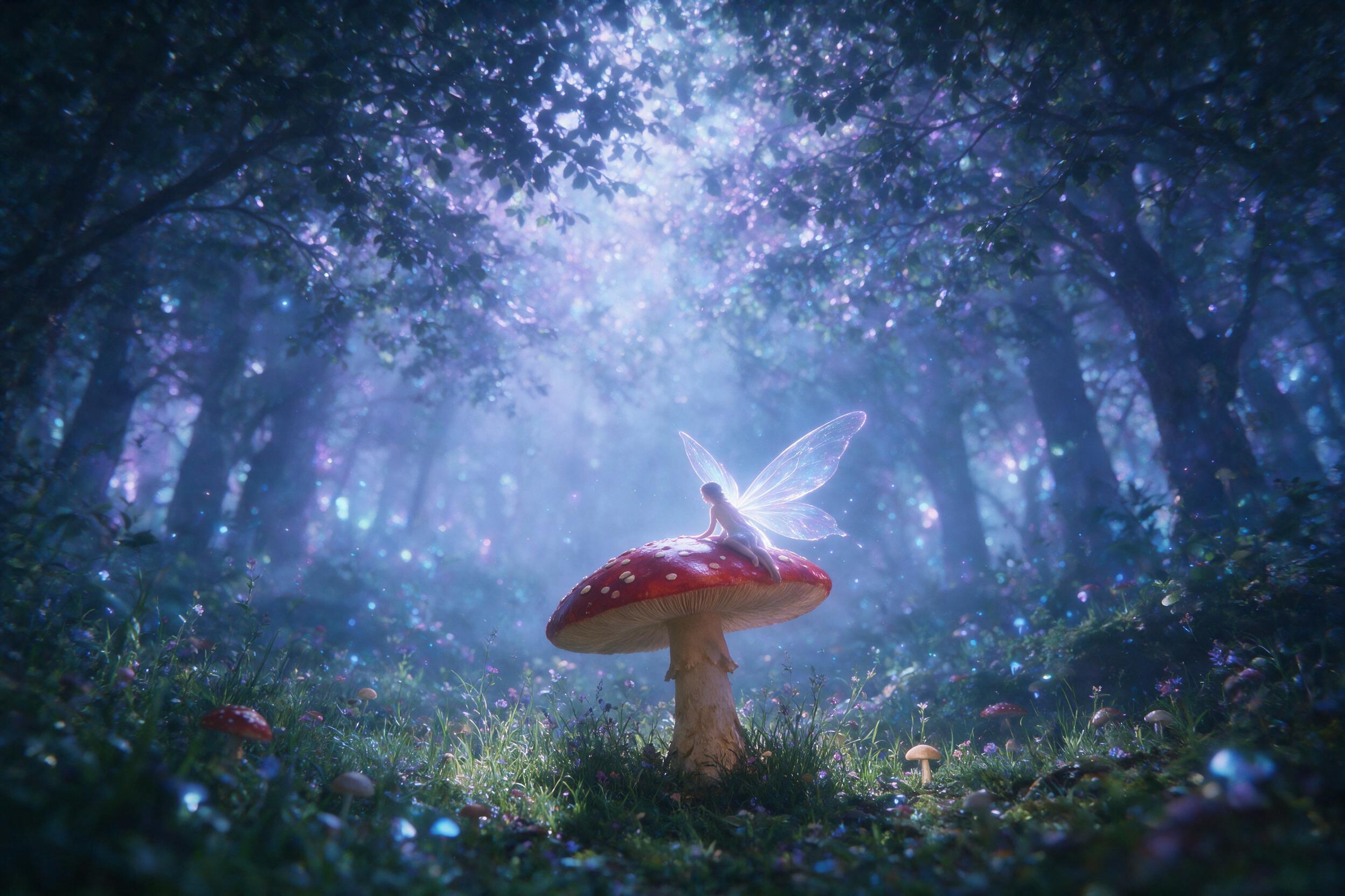 A luminous fairy with translucent wings sits on a giant mushroom under a glowing moonlit forest canopy, soft blue and purple light filtering through mist, shallow depth of field, slight camera shake, ethereal atmosphere