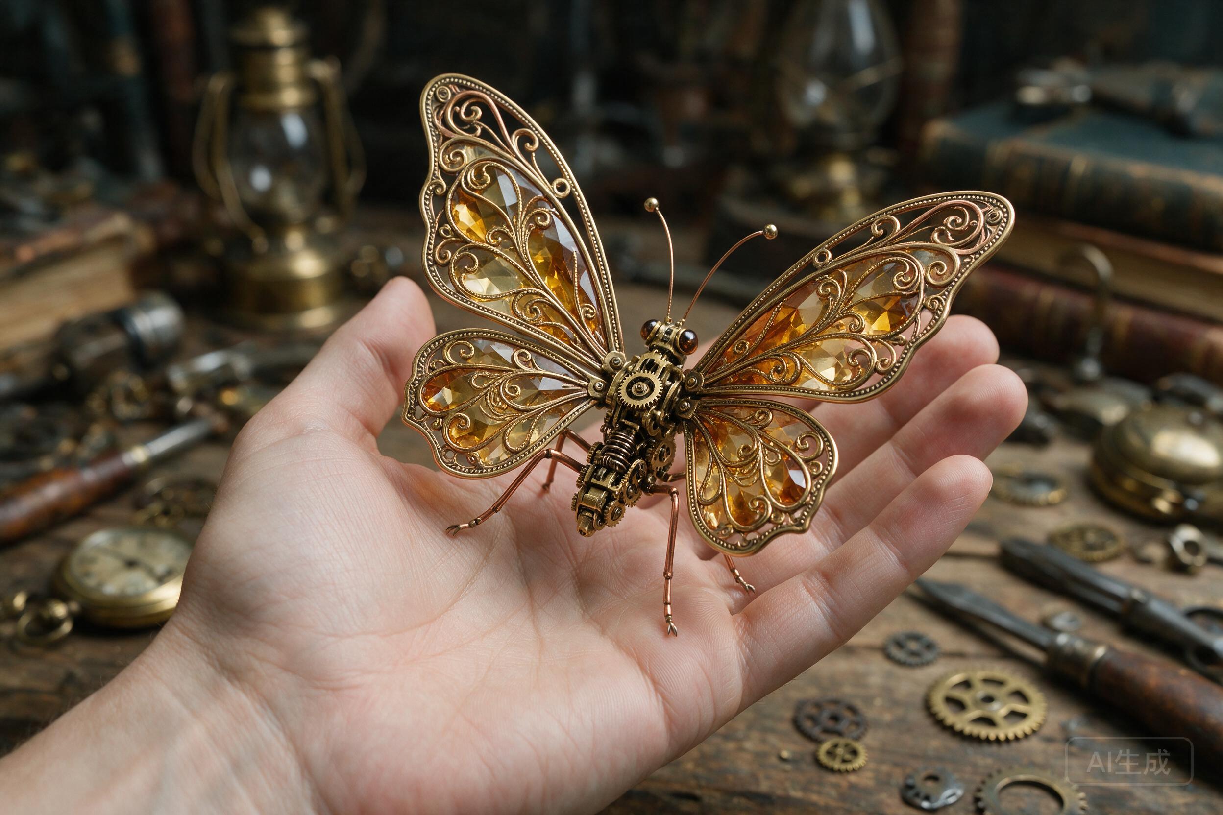 A mechanical butterfly with intricate clockwork details resting on a human hand, steampunk aesthetic, macro photography