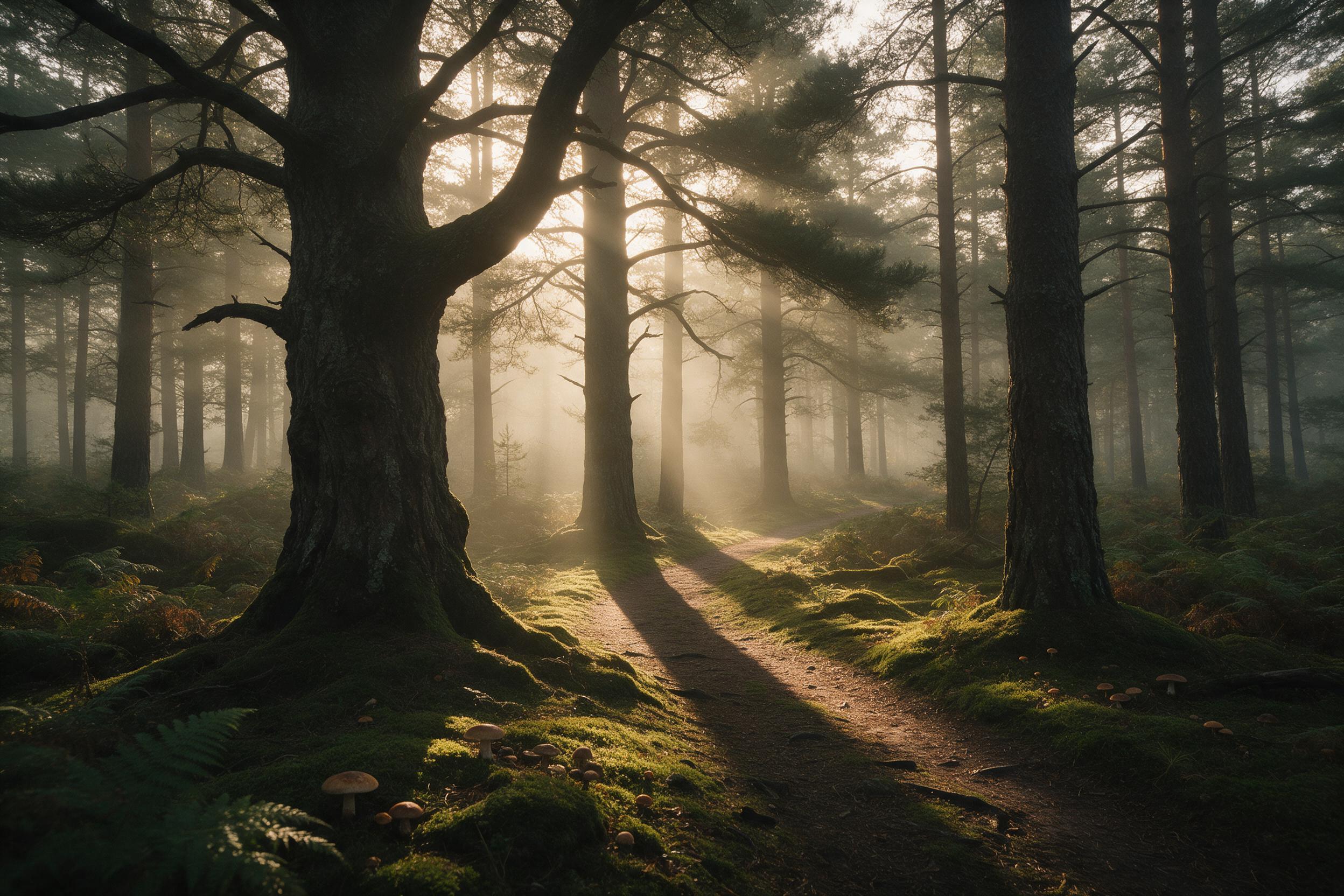 Golden hour light filters through a misty pine forest, casting long shadows on moss-covered ground. A narrow dirt path curves between ancient trees, with soft sunbeams breaking through fog. Foreground shows wild ferns and scattered mushrooms. Natural color palette of deep greens, warm amber. Slight 