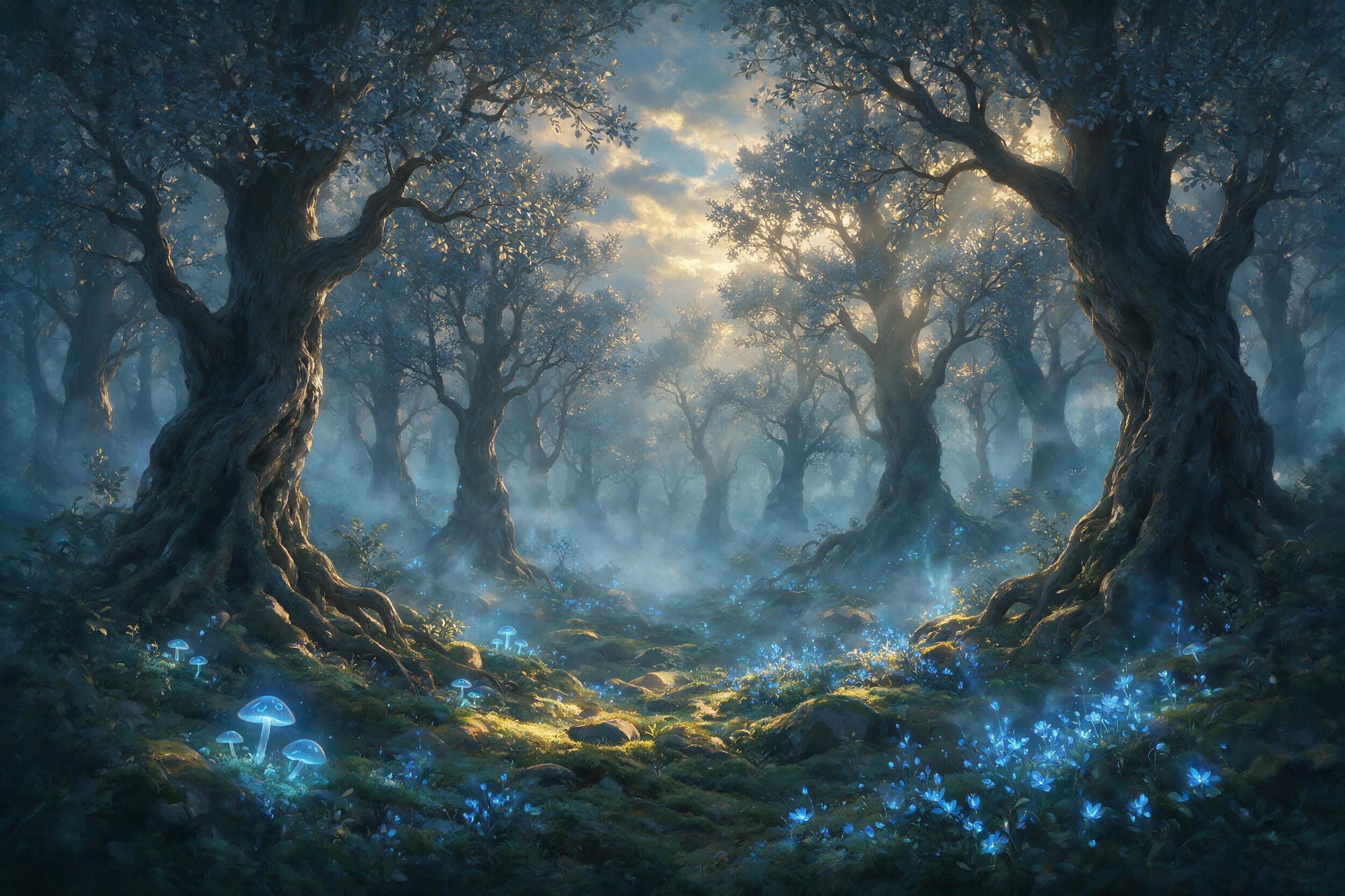 A mystical forest at twilight, bioluminescent mushrooms and glowing blue flowers scattered on the mossy ground, ancient twisted trees with silver leaves, soft mist swirling between trunks, warm golden light filtering through canopy, ethereal atmosphere, painted style with soft brushstrokes