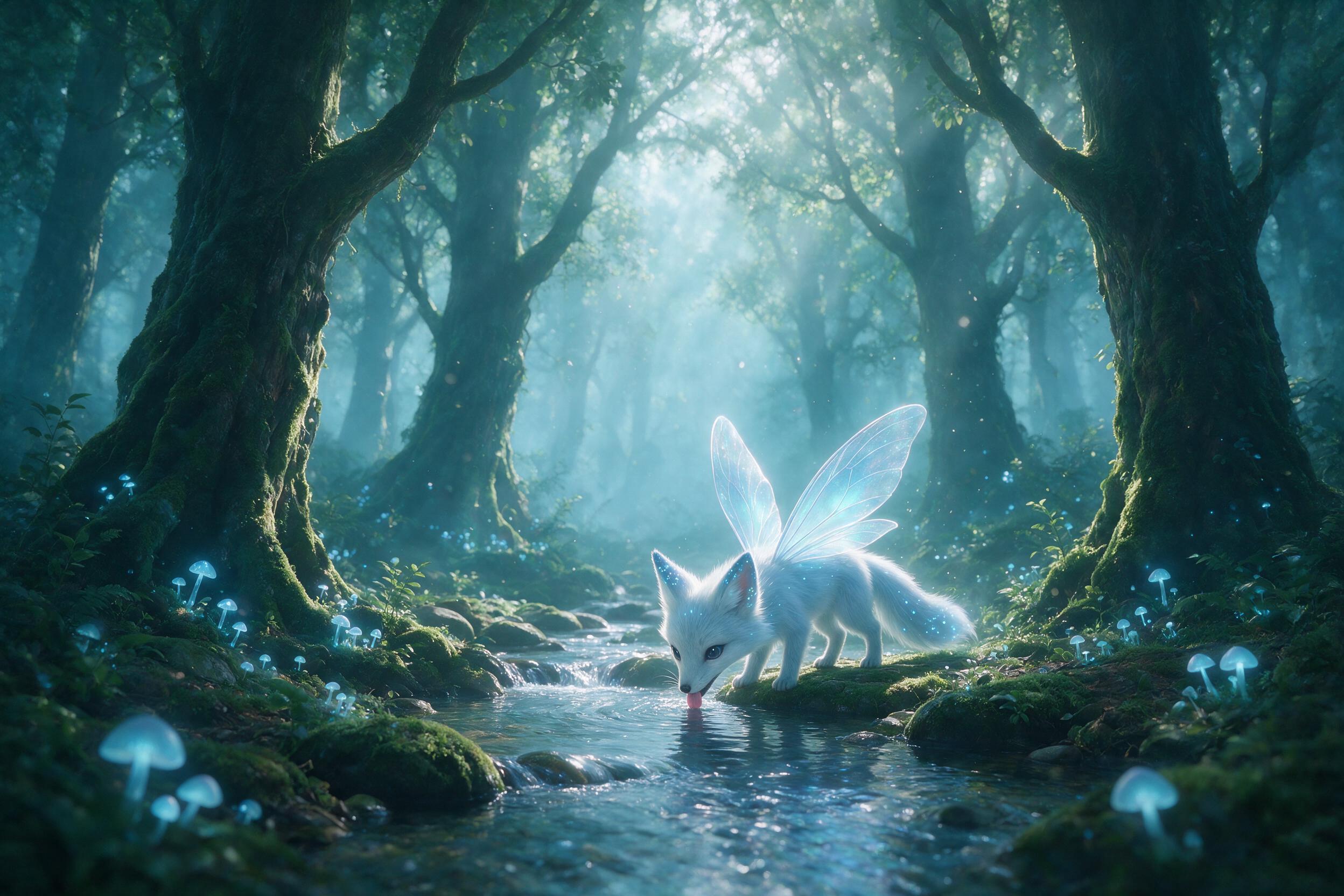 A misty forest at dawn, ancient towering trees with glowing blue mushrooms at their roots, a small ethereal fox with translucent wings drinking from a silver stream, soft volumetric light rays piercing the canopy, floating pollen particles, muted teal and emerald palette, shallow depth of field, pai