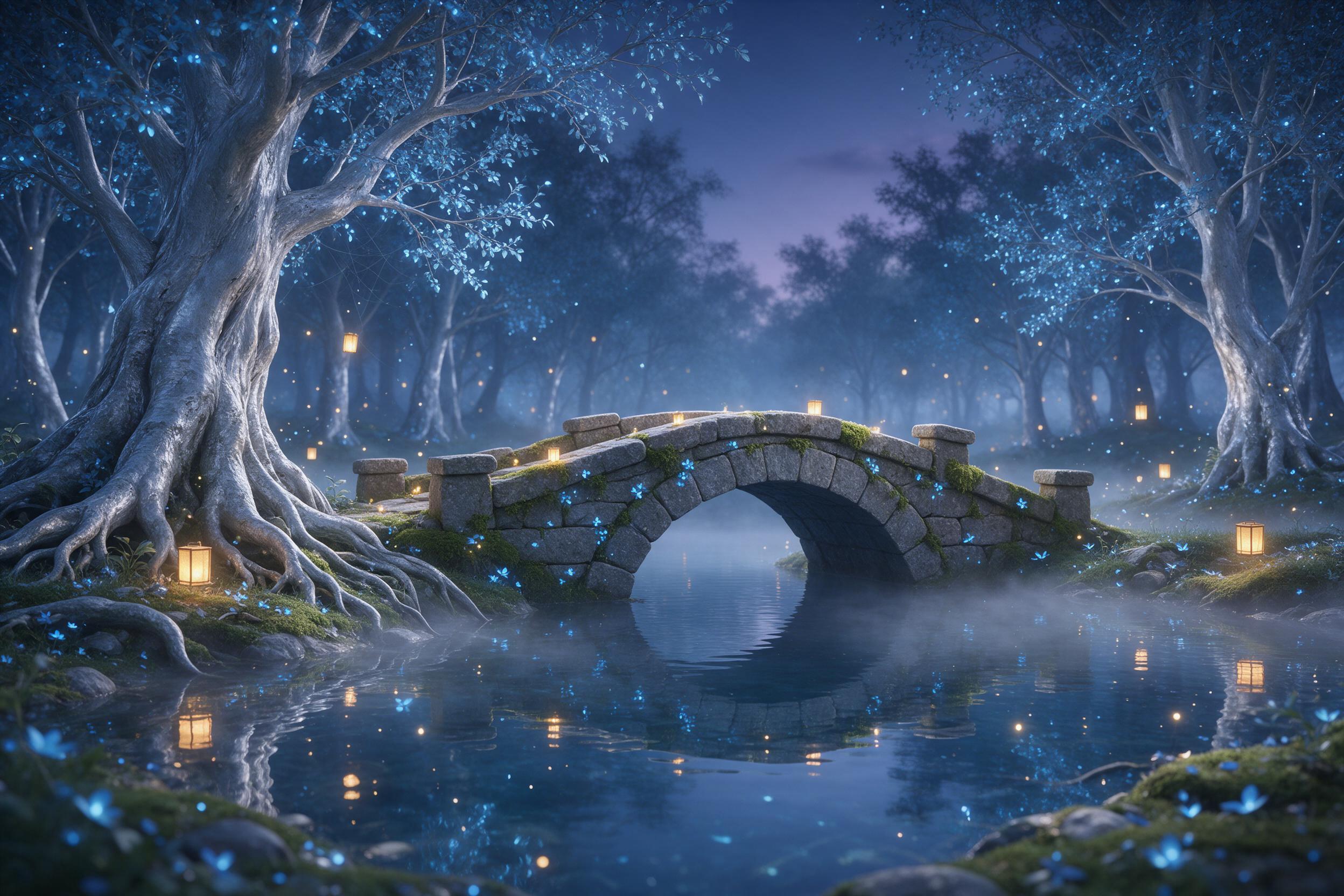 An ethereal forest at twilight, where ancient trees with silver bark and glowing blue leaves wrap around a crystal-clear pond. Soft mist hovers above the water, reflecting the warm golden light of floating lanterns. A small stone bridge arches over the pond, adorned with moss and tiny glowing flower