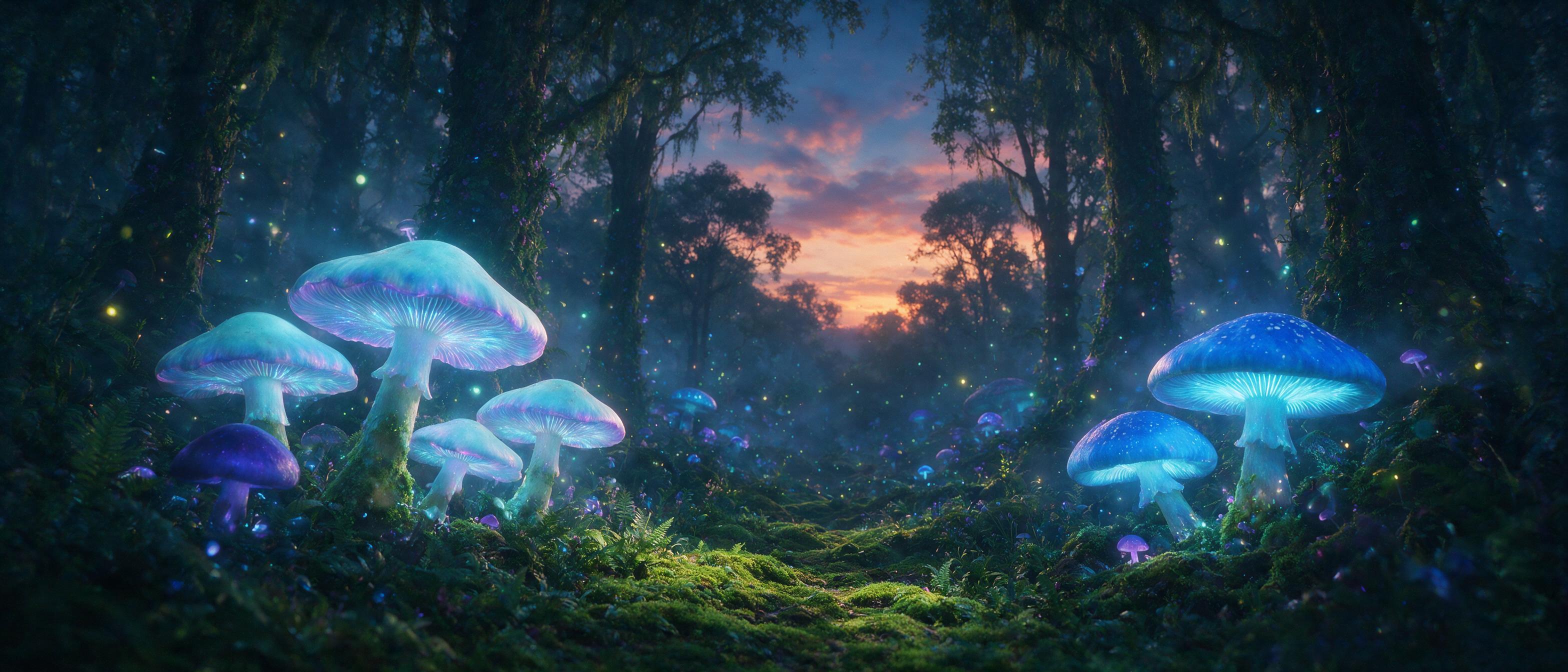 A glowing bioluminescent forest at dusk, with giant mushrooms emitting soft blue and purple light, tiny floating fireflies, a winding path covered in moss, misty atmosphere, cinematic composition, soft natural lighting, slight lens flare, depth of field, ethereal mood.
