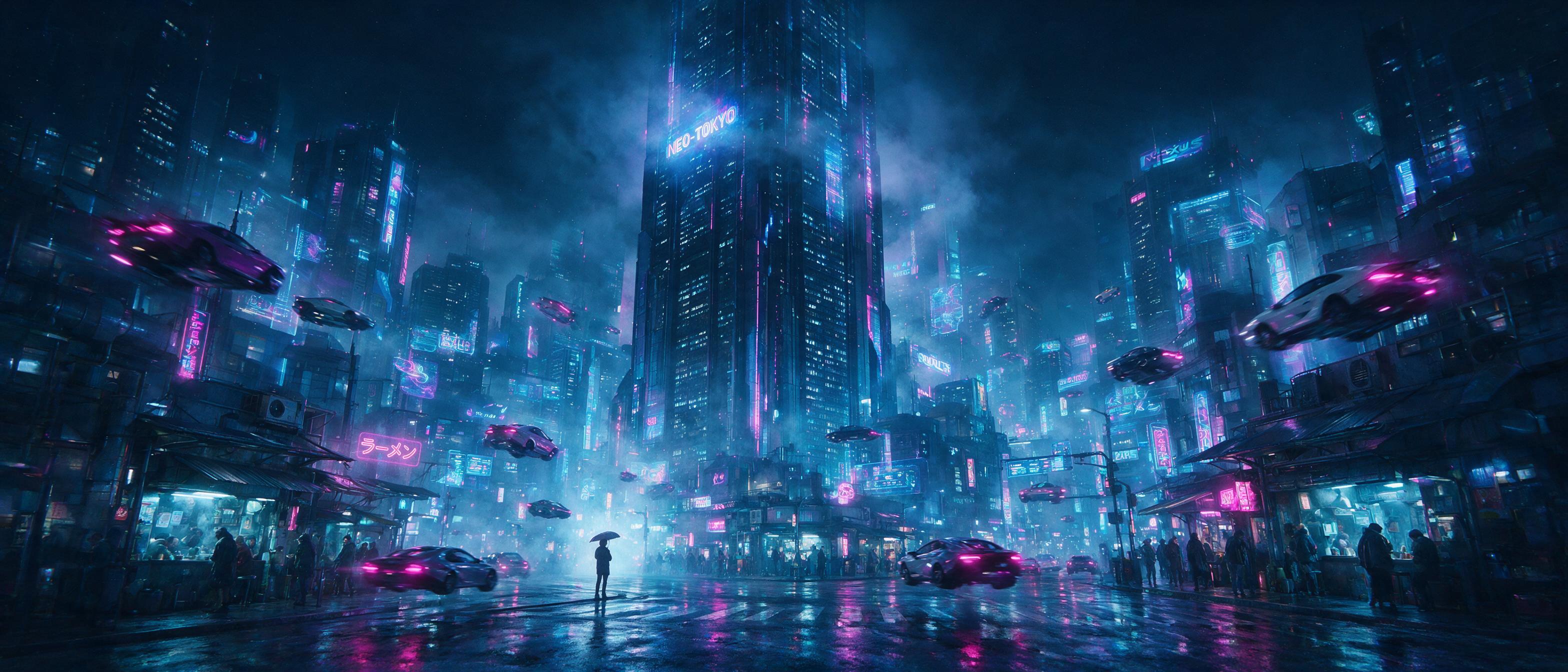 A neon-lit cyberpunk cityscape at midnight, rain-slicked streets reflecting holographic advertisements, a lone figure with an umbrella under a towering skyscraper, cinematic composition, volumetric fog, blue and magenta color palette, slight motion blur from passing hovercars.