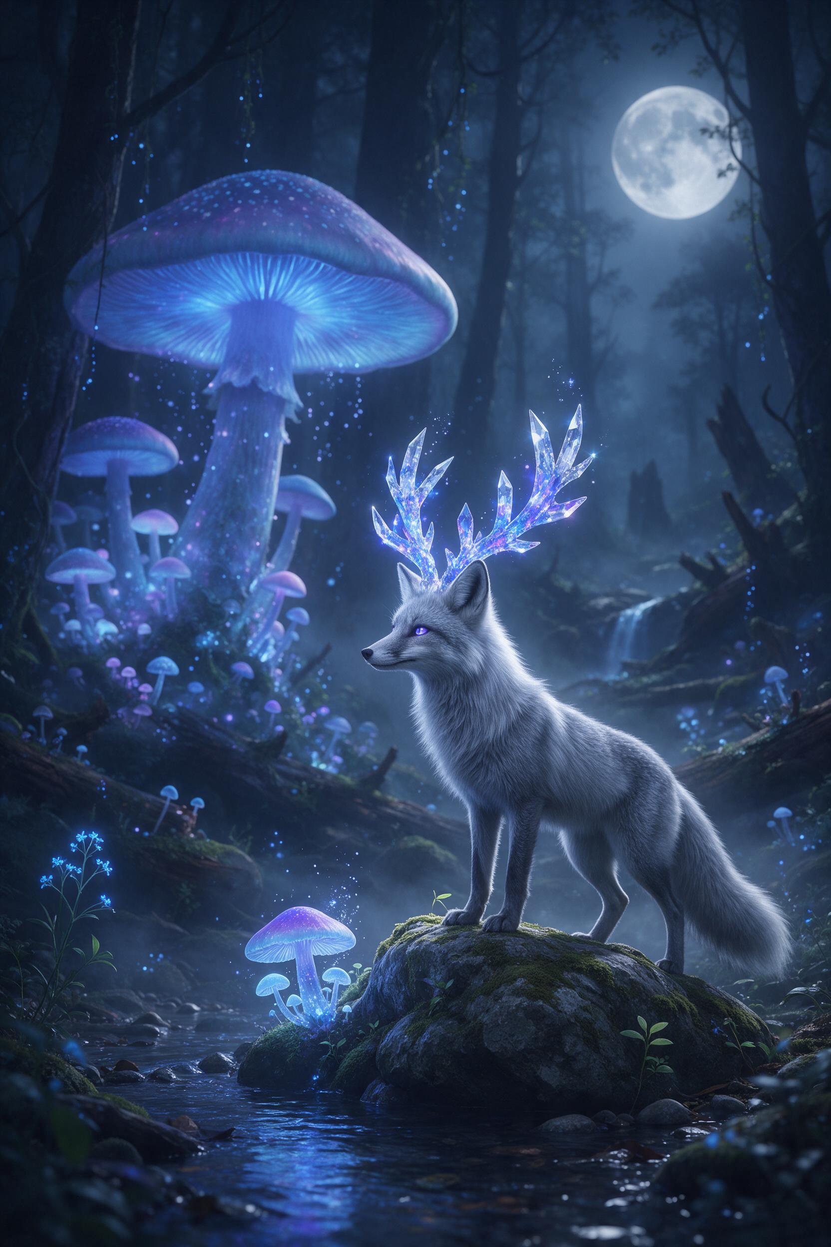 A moonlit bioluminescent forest with massive glowing mushrooms, their caps shedding soft blue and violet spores that drift through misty air. A silver fox with crystalline antlers stands on a mossy rock, eyes reflecting the light. Deep shadows contrast with ethereal glow, fine mist swirling, gentle 