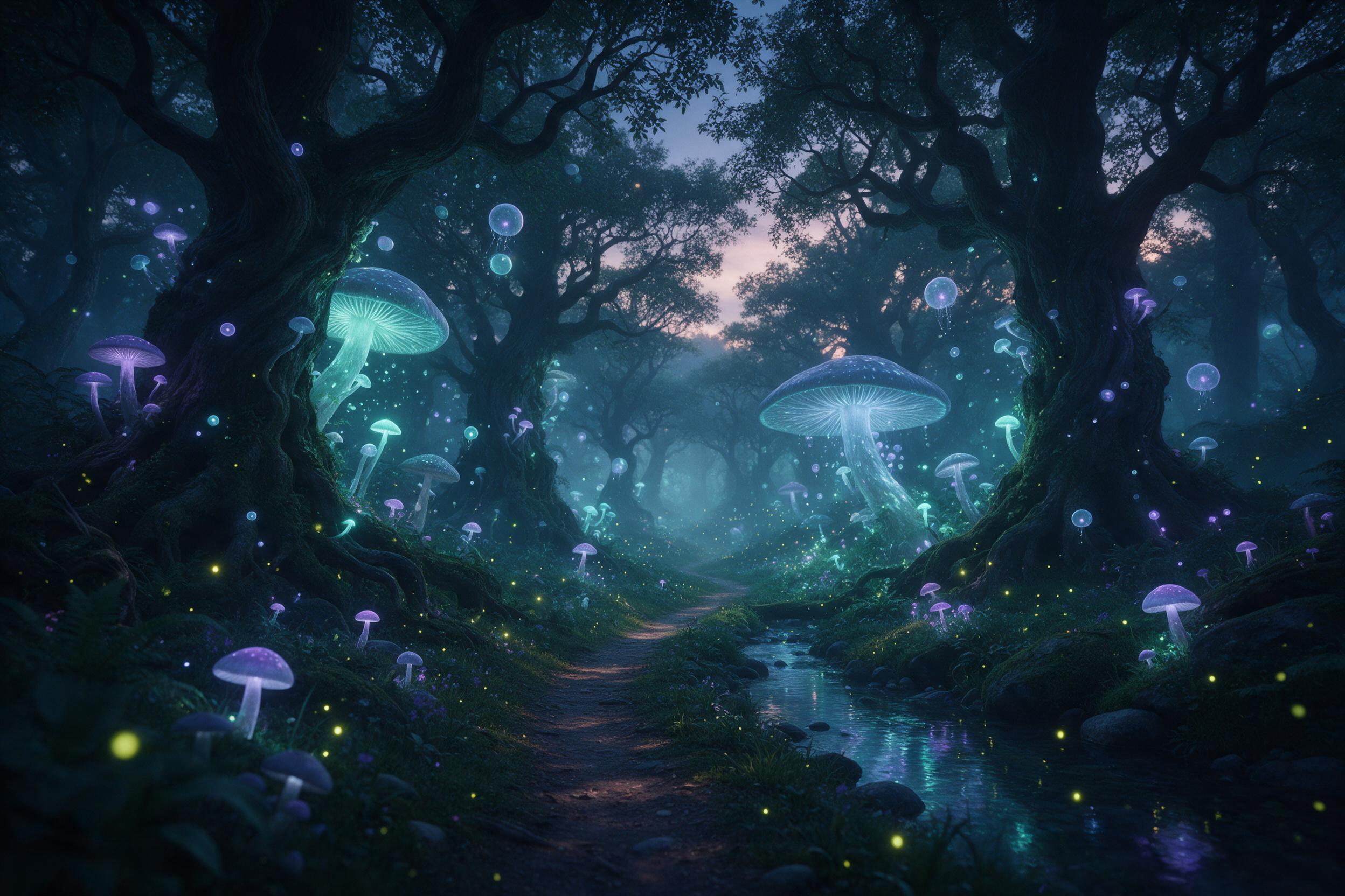 A luminous bioluminescent forest at dusk, giant glowing mushrooms and floating spores casting soft teal and violet light, a small crystal-clear stream reflecting the glow, misty air with fireflies, ancient twisted trees, magical atmosphere, wide-angle composition with a winding path leading into the