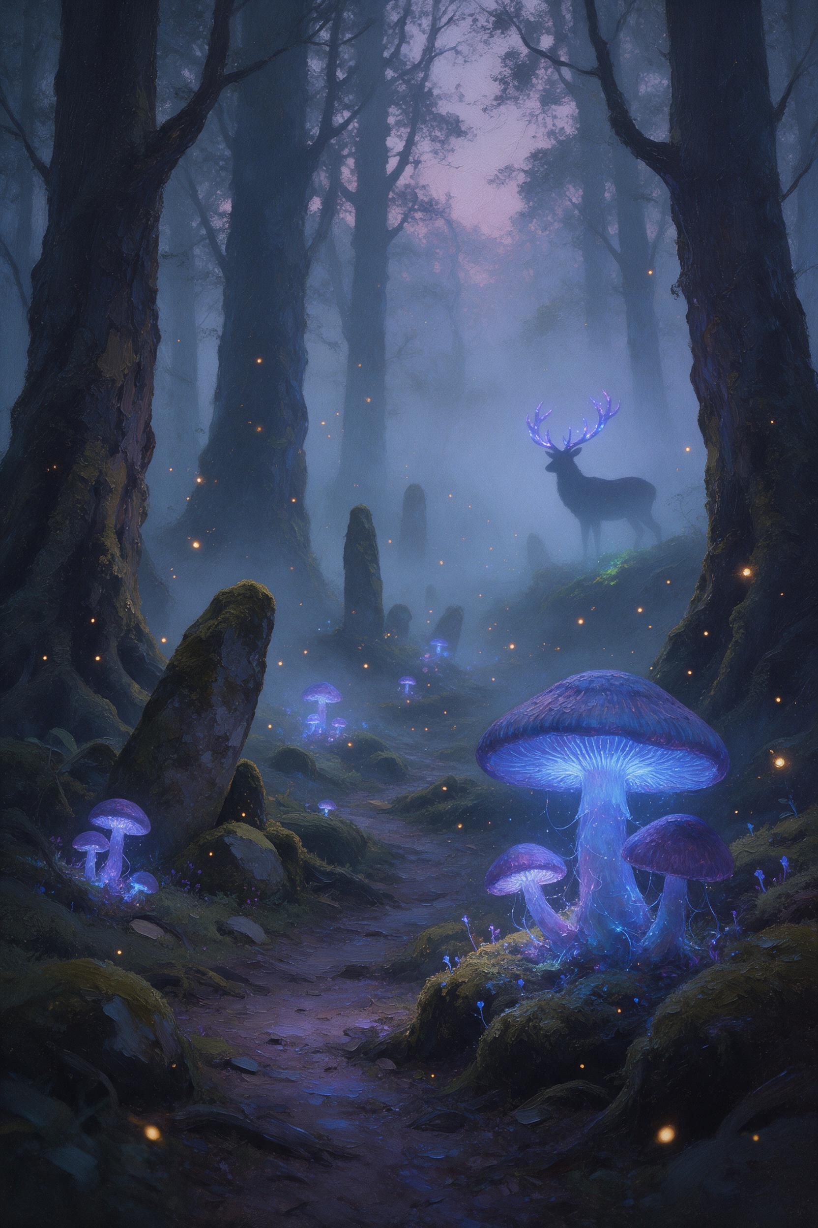 A misty twilight forest where giant glowing mushrooms illuminate a winding path, their caps shedding soft blue and violet light, fireflies drifting like sparks, ancient moss-covered stones, a silhouette of a deer with luminous antlers, atmospheric fog, shallow depth of field, painterly style with ri