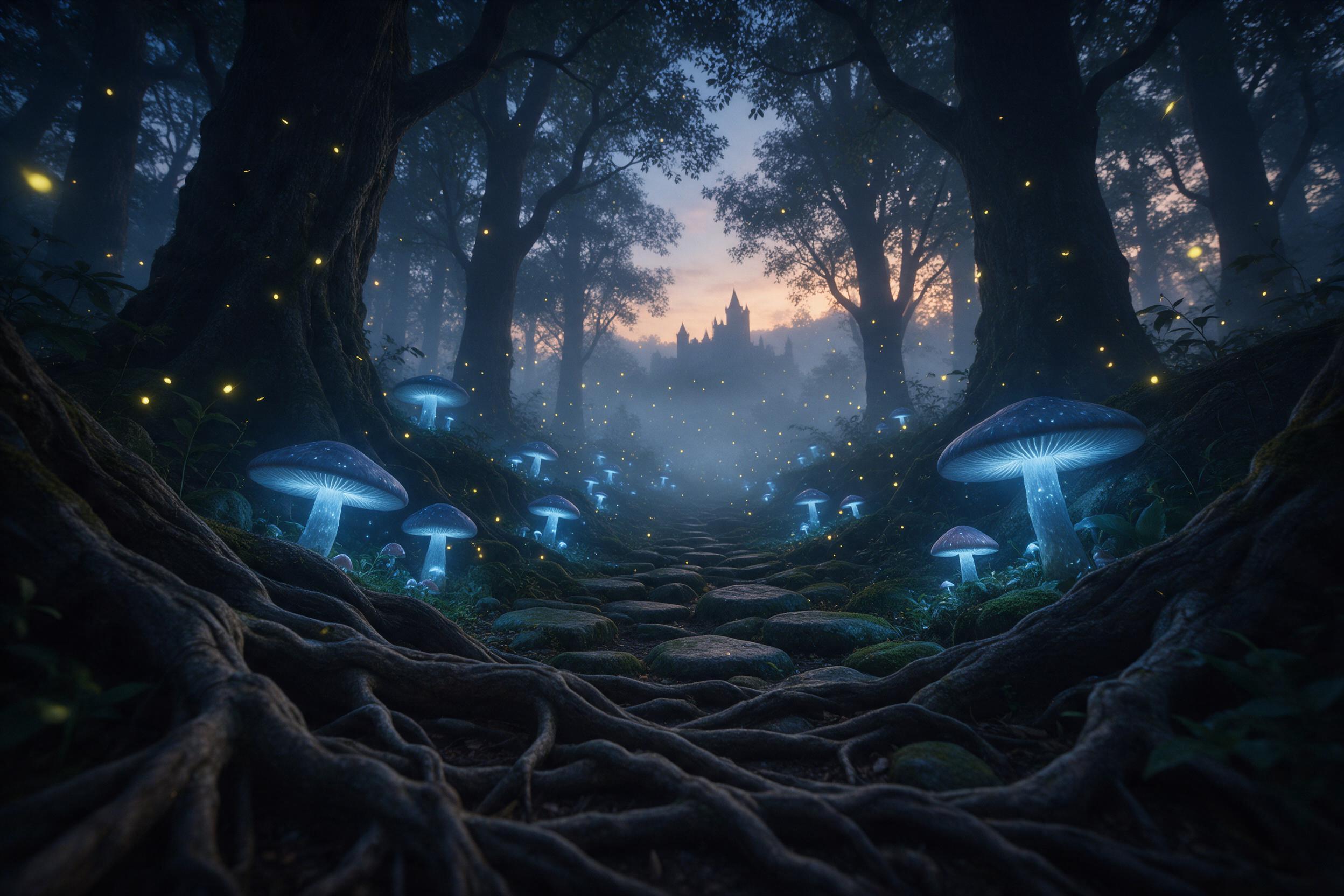 An ancient, bioluminescent forest at twilight, where giant mushrooms emit a soft blue glow, illuminating a narrow path of moss-covered stones. Fireflies drift through the mist, and a distant castle silhouette appears through the fog. Low-angle view, dramatic tree roots, warm and cool color contrast,