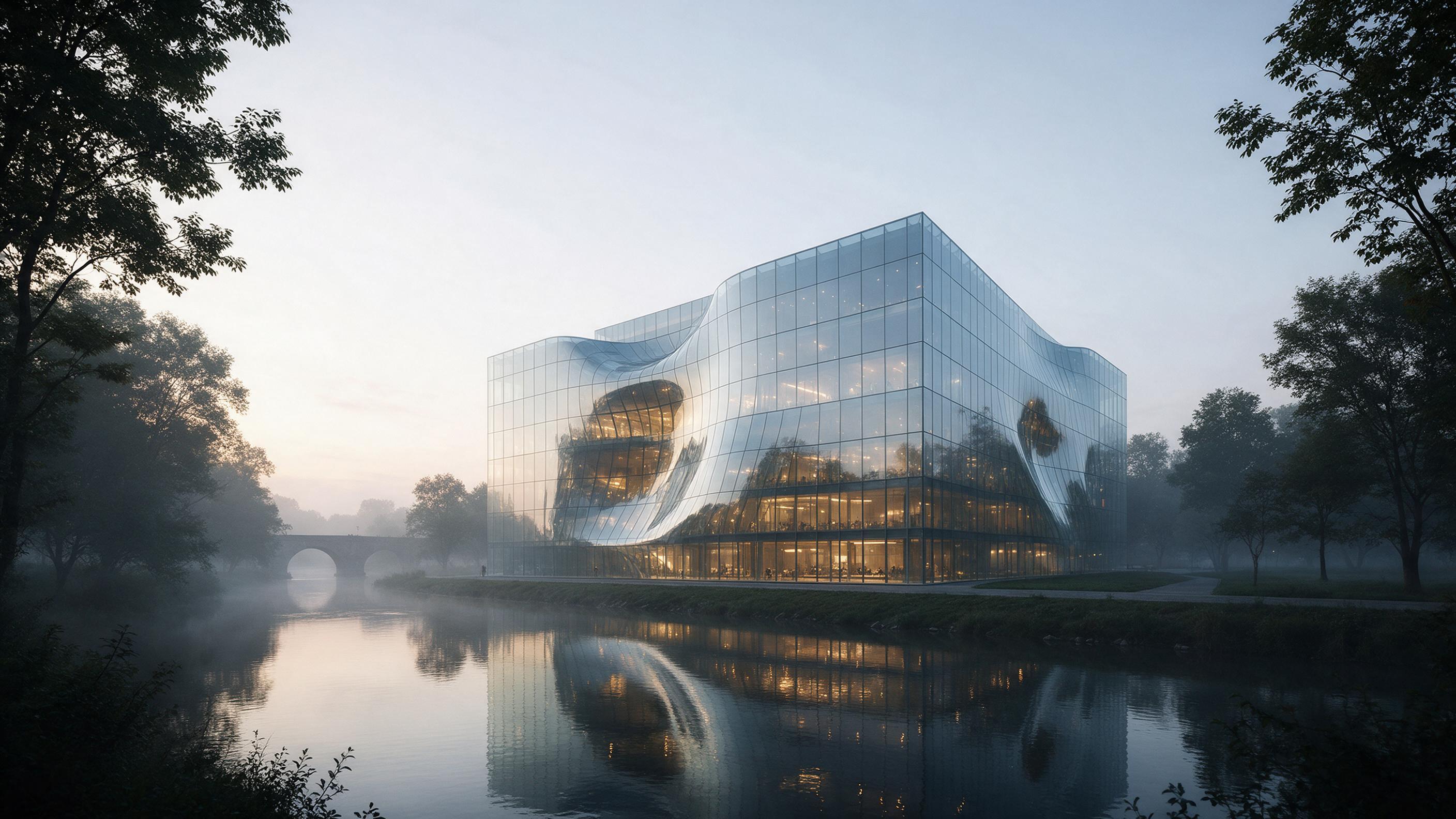 A modern glass museum stands beside a calm river, reflecting the pale dawn sky. Its curved facade ripples like water, with warm golden lights glowing from the interior. Misty trees frame the foreground. In the distance, a silhouette of an old stone bridge. The composition leads the eye from the brid