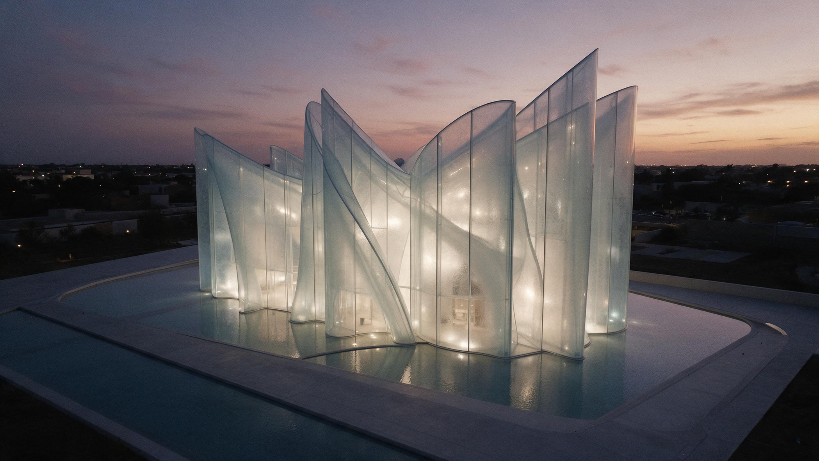 Aerial view of a modern glass cathedral with flowing translucent walls at dusk, interior warm light glowing through frost-like panels, surrounded by a minimalist reflecting pool, soft violet and orange sky, slight grain from handheld drone footage.