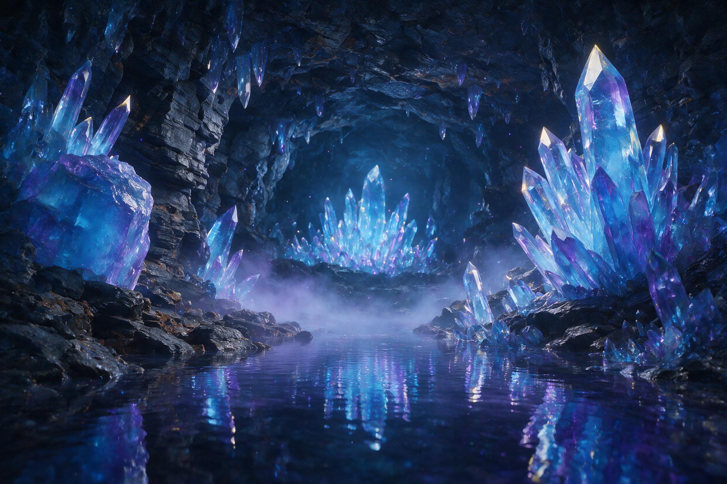 A luminous crystal cave deep underground, glowing azure and violet crystals sprouting from rough stone walls, a small pool of still water reflecting the light, soft mist rising, ethereal atmosphere with subtle magic particles floating in the air
