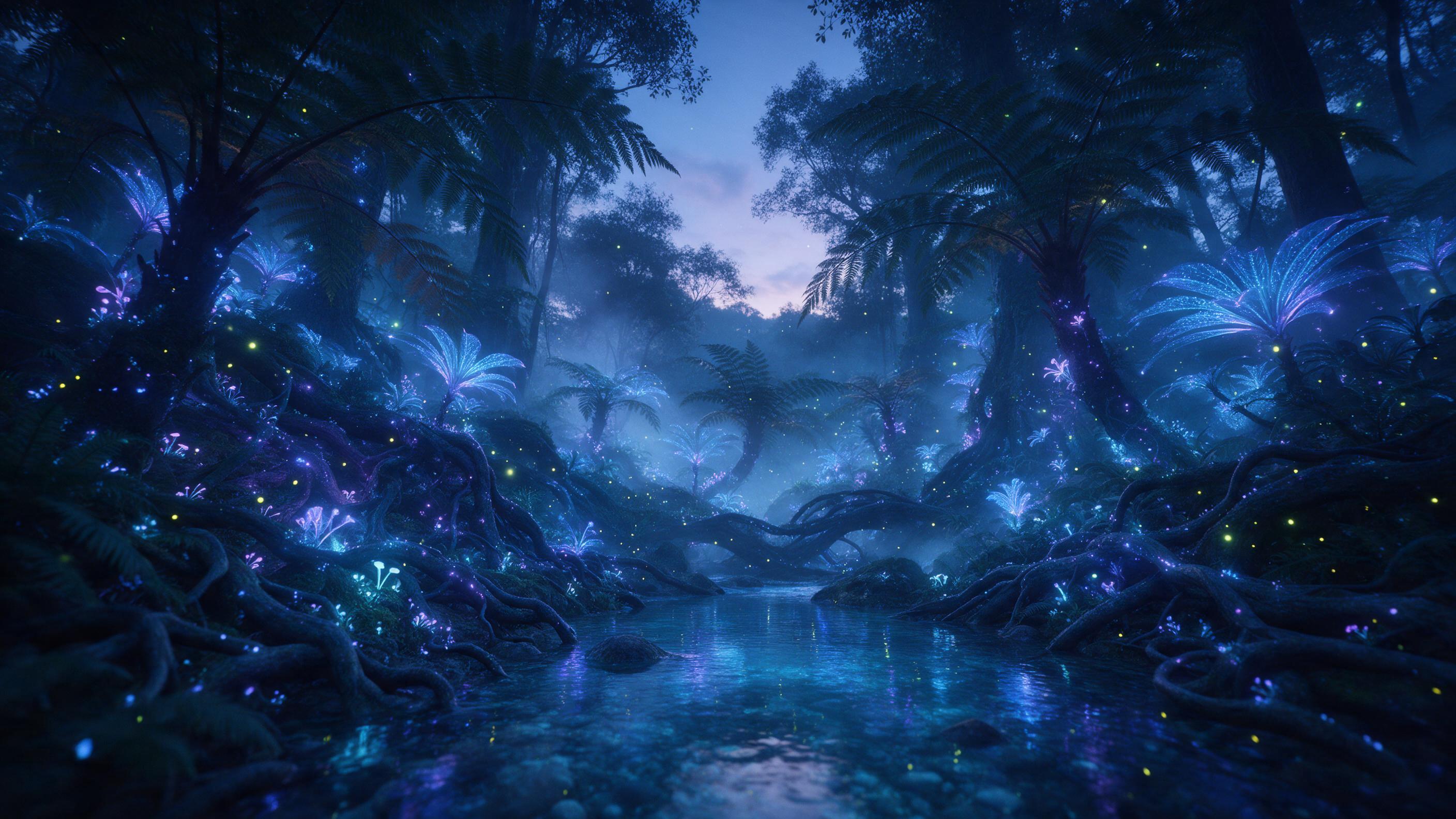 A bioluminescent forest at twilight, where giant ferns and twisted roots glow with soft blue and purple light. A crystal-clear stream reflects the luminous canopy, while fireflies drift in the damp air. Mist weaves between ancient trees, creating an ethereal atmosphere. Low camera angle, wide angle 