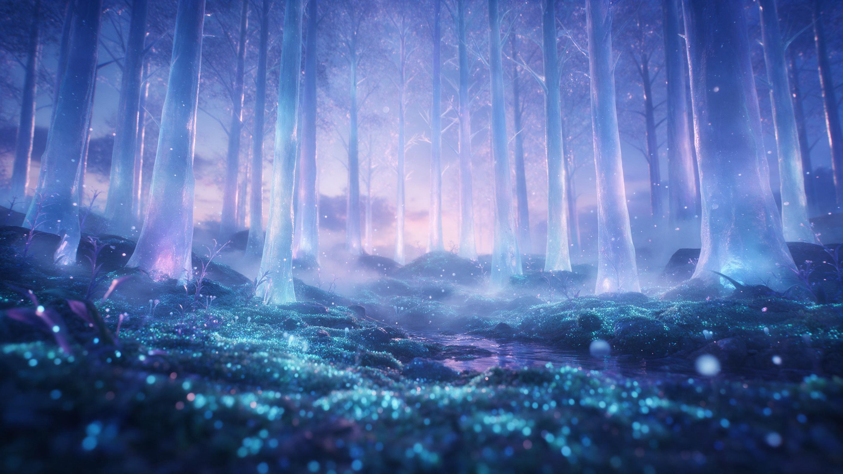 A luminous crystal forest at twilight, tall translucent trees glowing in soft blue and violet, ground covered with glowing moss, gentle mist weaving between trunks, a small stream reflecting the ethereal light, delicate glowing spores floating in the air, wide-angle view from low ground, dreamy and 