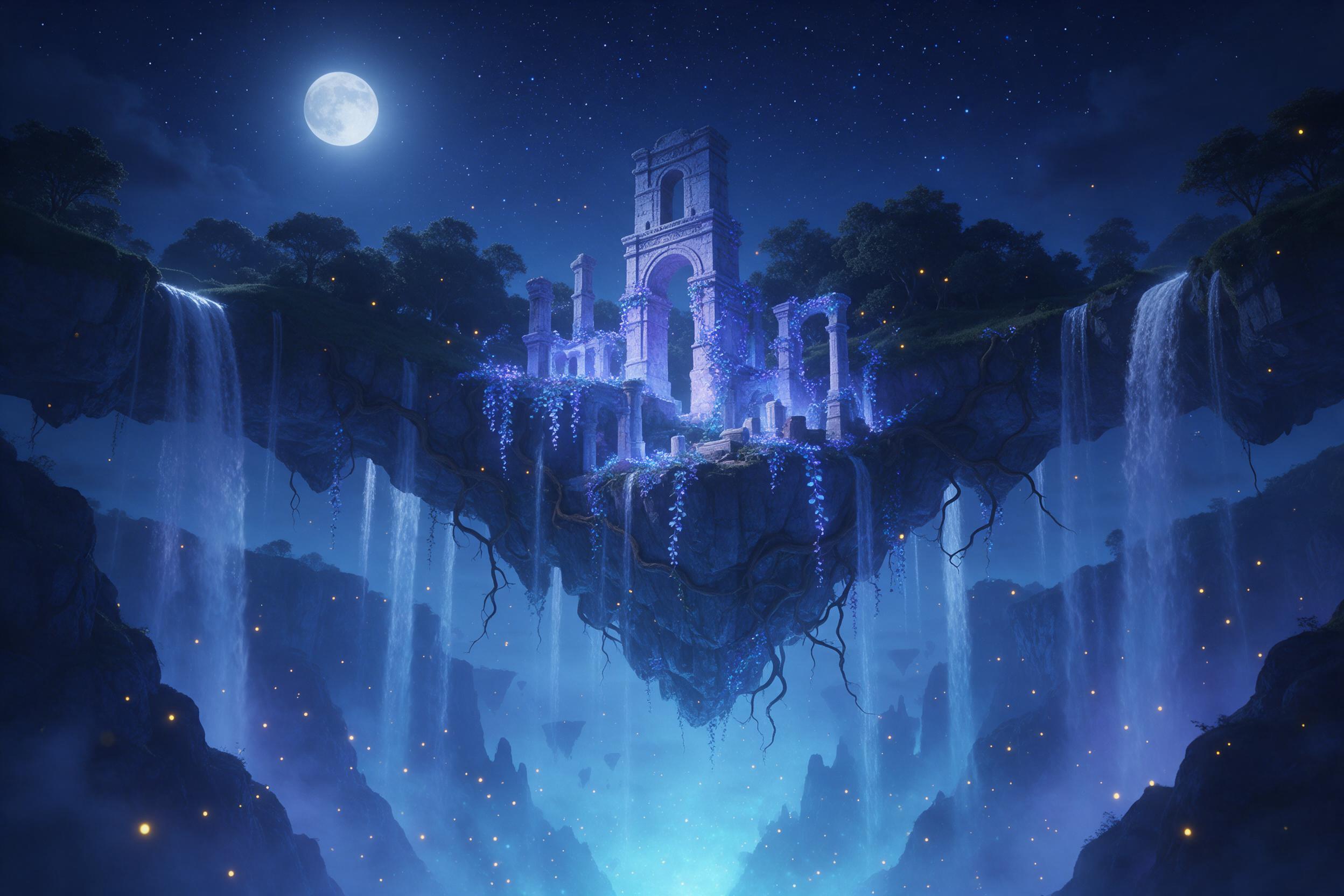 A moonlit floating island in a starry sky, with waterfalls cascading into a glowing abyss, ancient ruins wrapped in luminous ivy, tiny glowing fireflies, soft blue and violet palette, ethereal atmosphere, gentle mist, dramatic perspective from below, sharp focus on the ruins, background slightly blu