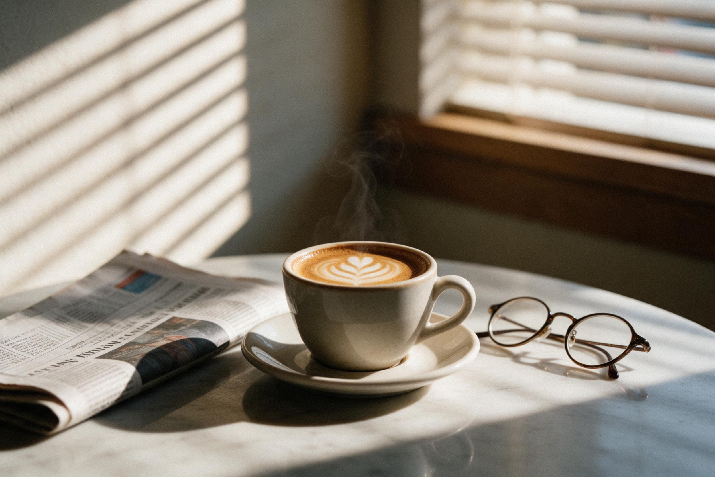 Sunlit cafe corner at golden hour, a ceramic espresso cup on a marble table with latte art, steam rising slowly, a folded newspaper and round glasses nearby, warm shadows from venetian blinds, shallow depth of field, film grain, authentic candid feel