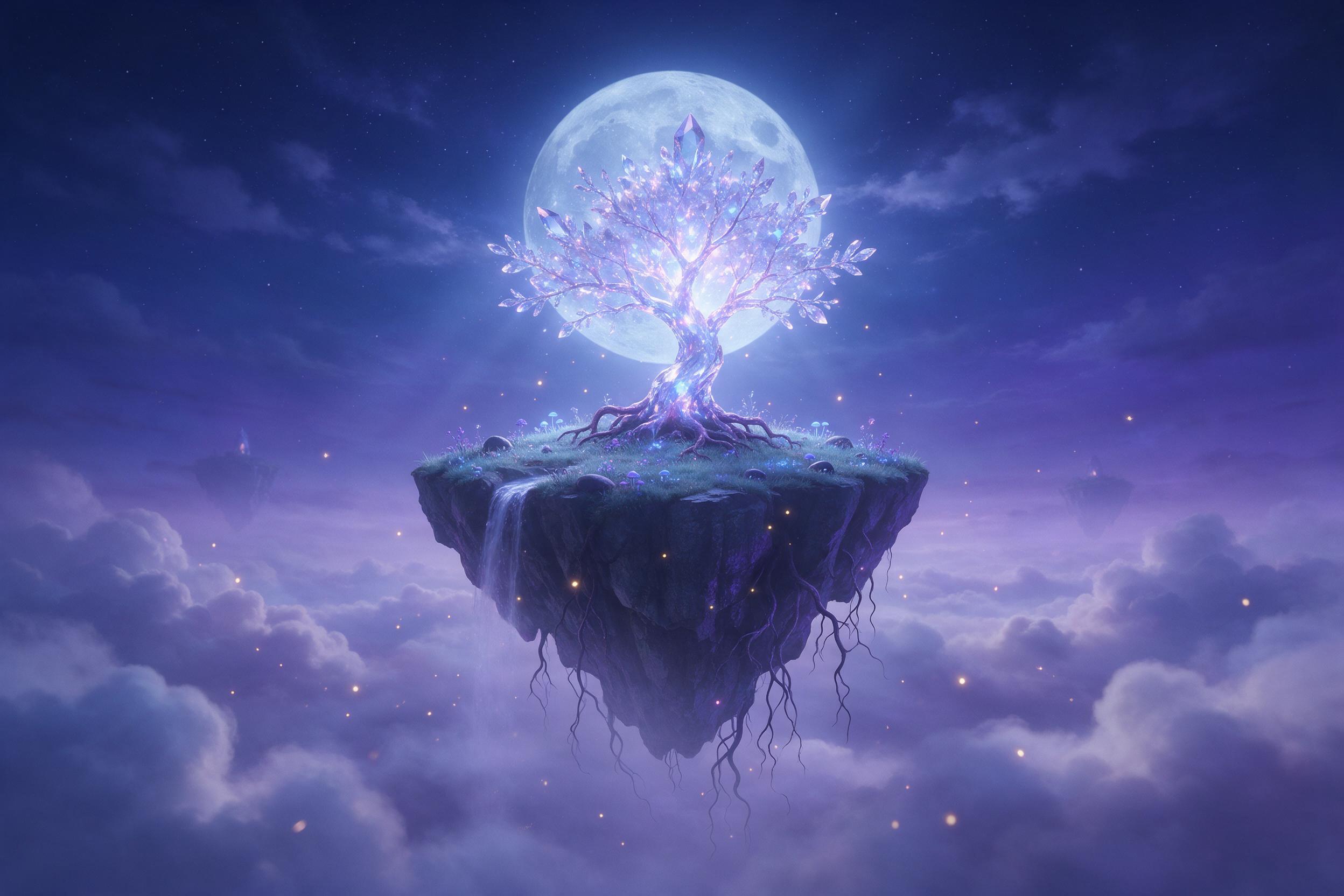 A moonlit floating island with a glowing crystal tree at its center, roots dangling over a misty abyss; soft blue and purple light, fireflies drifting; composition centered with island as focal point, gentle clouds below, cinematic depth.