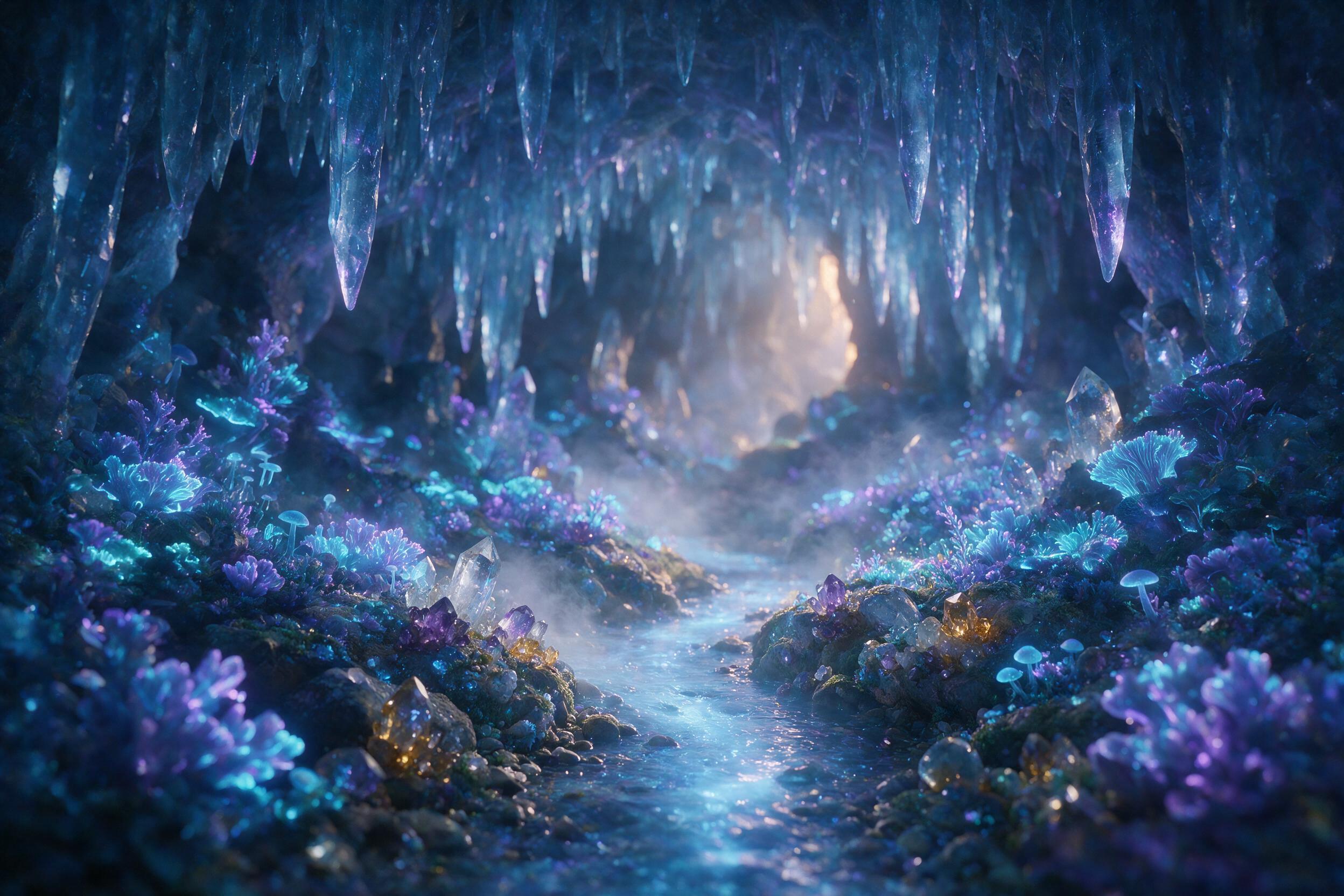 A luminous crystal cave lit by bioluminescent blue and purple flora, stalactites reflecting soft light, a small glowing stream flowing through the center, mist rising, ethereal atmosphere, shallow depth of field, warm amber and cool violet tones