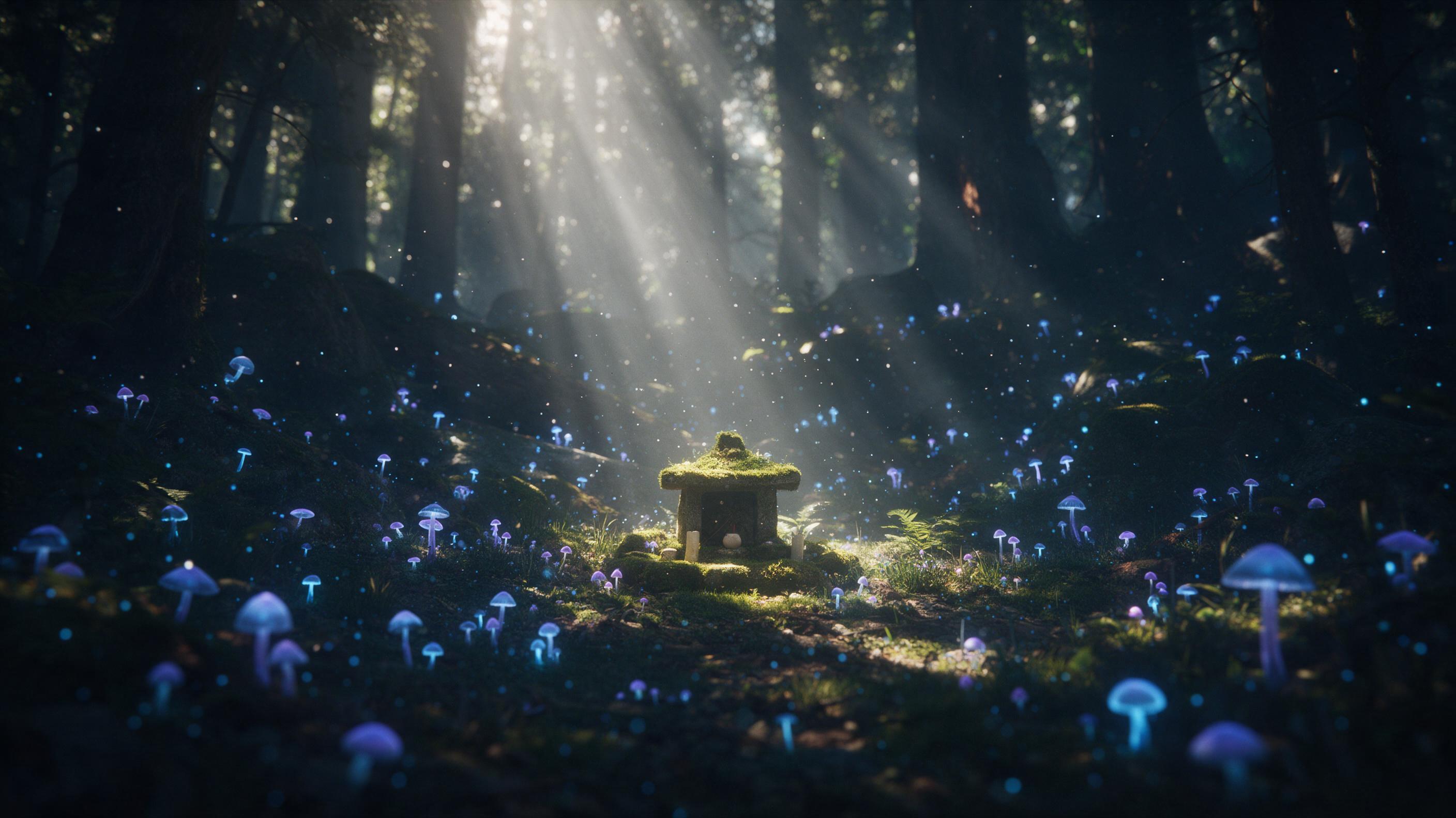 An ancient forest glade at dusk, where bioluminescent mushrooms glow soft blue and purple, their spores drifting like dust in the air. Sunlight filters through the canopy in long, hazy streaks, illuminating a small stone altar covered in moss.