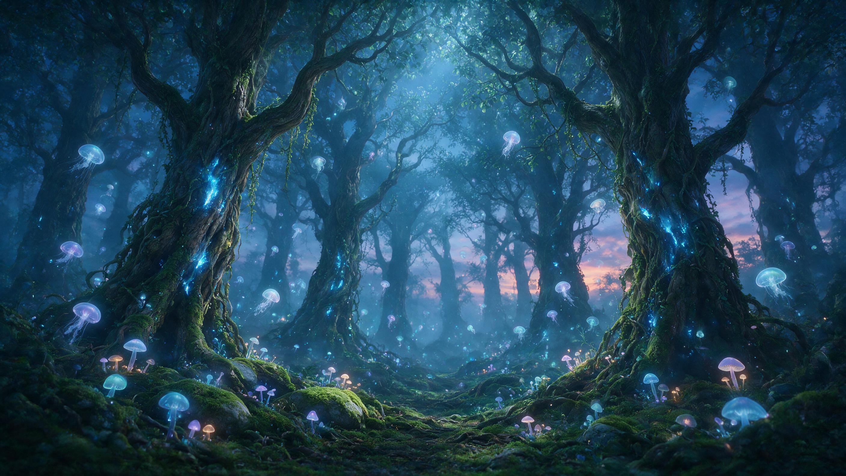 A mystical forest at twilight, where ancient trees with glowing blue sap intertwine with floating, translucent jellyfish-like creatures emitting soft bioluminescent light. The ground is covered in mossy stones and delicate, glowing mushrooms. Dim, ethereal lighting with a slight fog, creating a drea