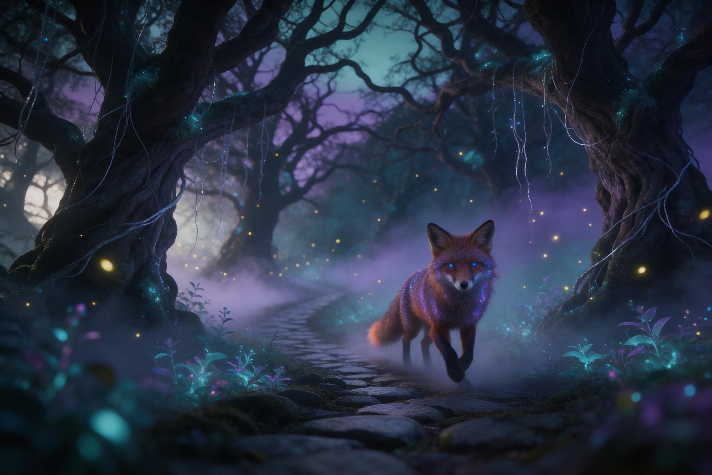 A misty bioluminescent forest at twilight, ancient gnarled trees draped in glowing moss and trailing silver vines. A lone fox with iridescent fur walks a winding stone path, eyes reflecting faint blue light. Ethereal fog swirls, fireflies drift. Soft teal and purple palette, shallow depth of field, 