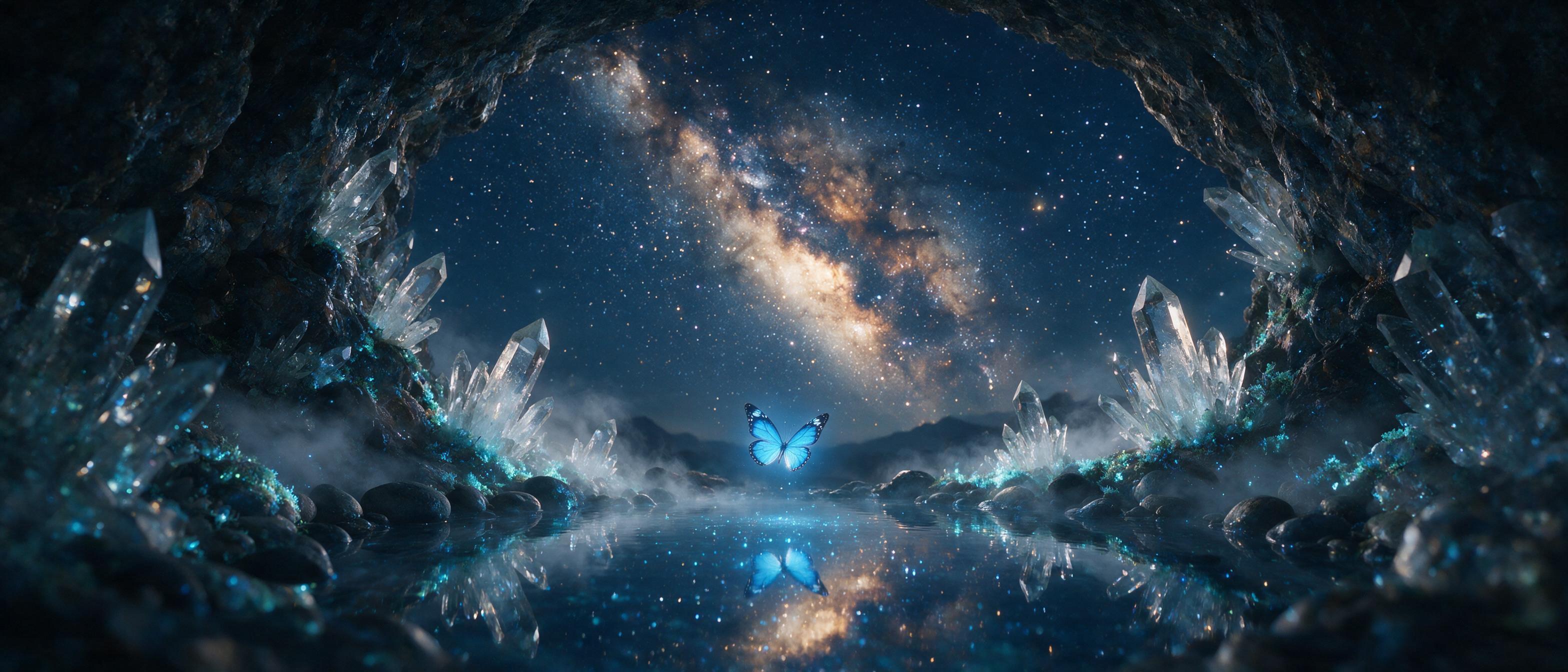 A luminous crystal cave beneath a starry night sky, bioluminescent moss clinging to jagged quartz formations, a single glowing blue butterfly hovering above a still pool reflecting the Milky Way, soft mist swirling, ethereal atmosphere, cinematic composition with a low angle looking up through the c