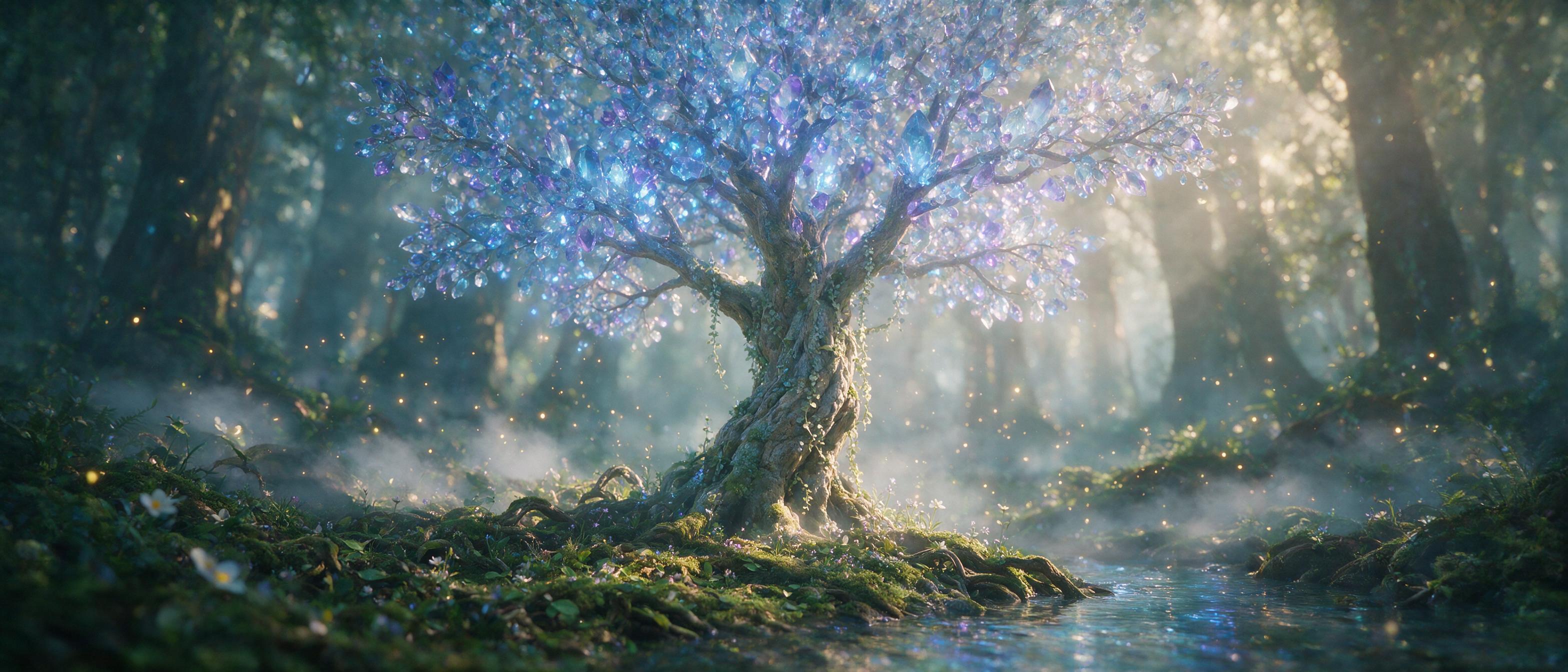 A glowing crystal tree in a misty enchanted forest, soft blue and purple bioluminescent light, tiny floating fireflies, mossy ground, ancient twisted roots, misty atmosphere, shallow depth of field, cinematic golden hour lighting, ethereal mood