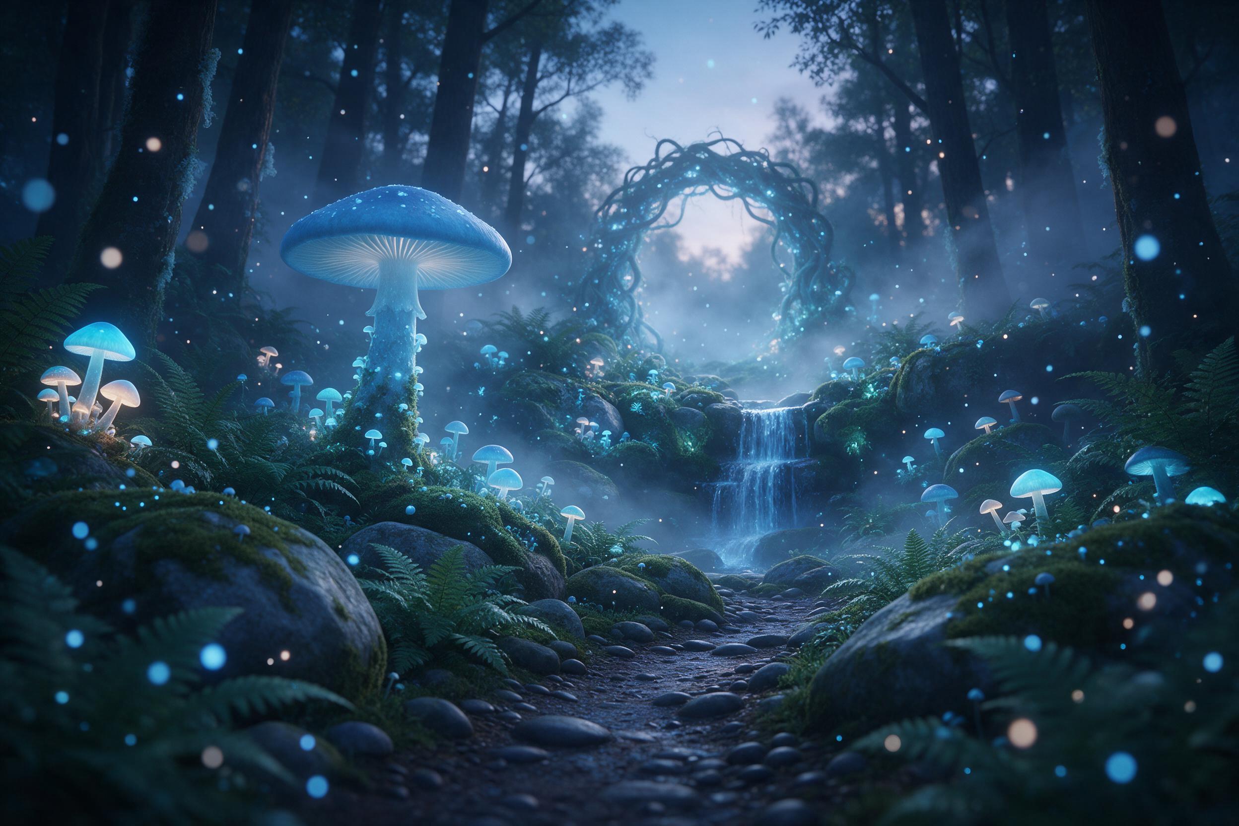 A bioluminescent forest at twilight, giant glowing mushrooms casting soft blue light, a small transparent waterfall, floating spores like fireflies, lush ferns, mossy stones, dreamy atmosphere, mist between trees, composition with winding path leading to a distant glowing arch, soft volumetric light