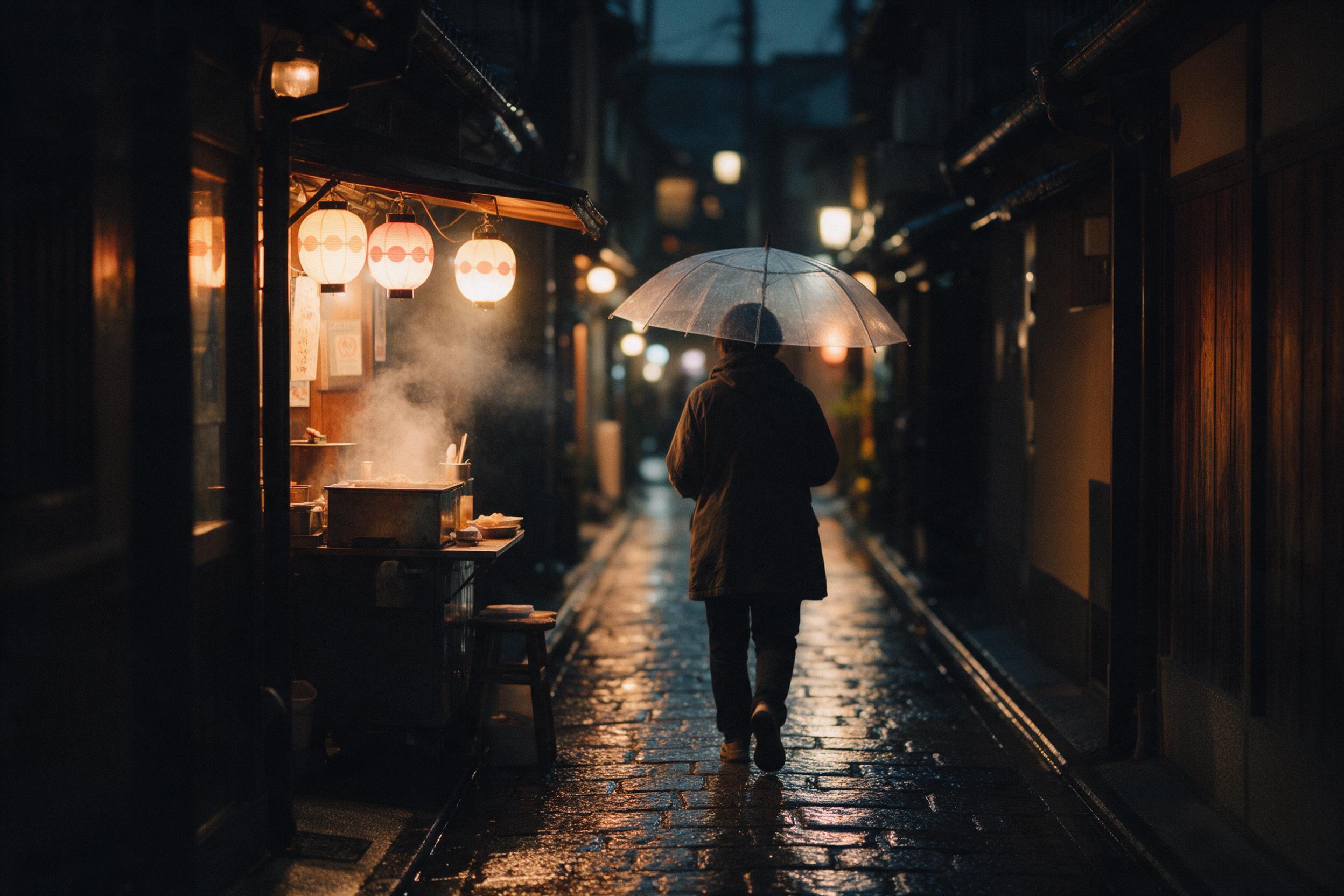 A cozy rainy evening in a Kyoto alley, warm lantern light reflecting on wet cobblestones, a lone figure with a transparent umbrella walking away, steam rising from a small food stall, shallow depth of field, soft bokeh, cinematic color grading, slight film grain.
