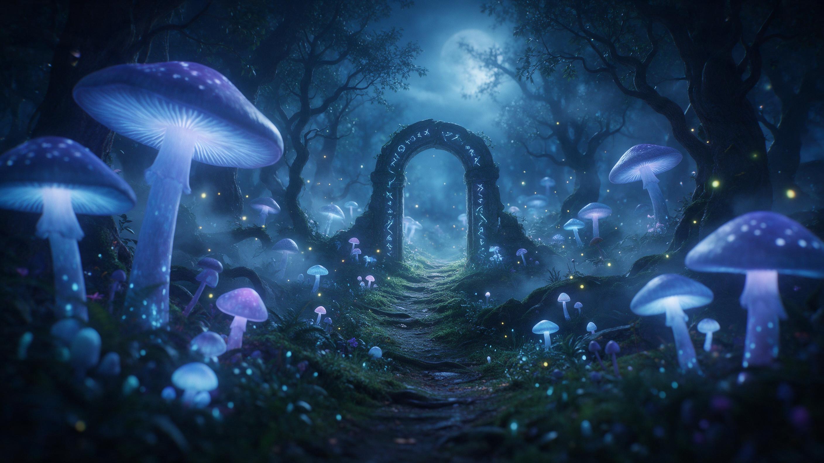 A moonlit enchanted forest with towering luminescent mushrooms casting soft blue and violet glow, a winding mossy path leading to an ancient stone archway covered in glowing runes, mist drifting between twisted trees, scattered fireflies, ethereal atmosphere, cinematic lighting, shallow depth of fie