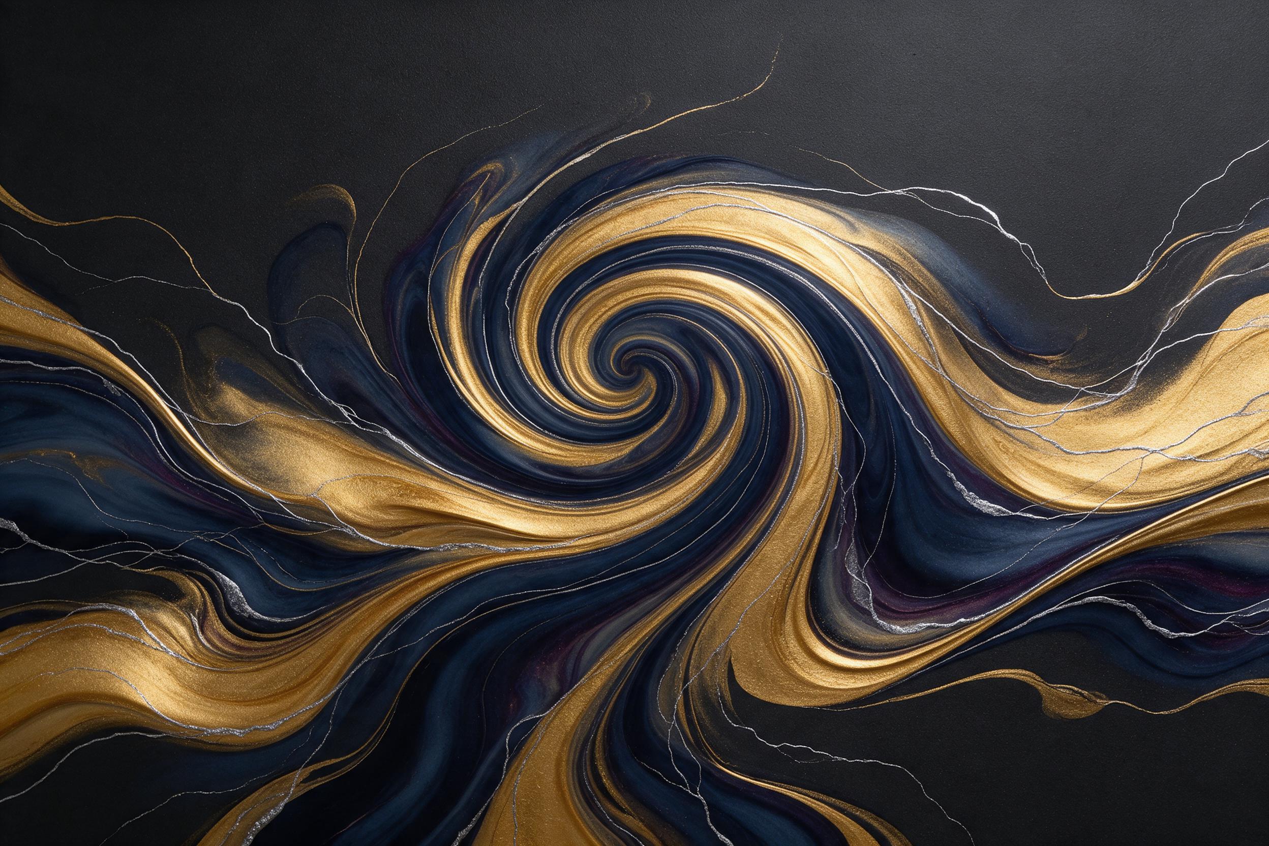 Swirling rivers of liquid gold and deep indigo interweave across a dark matte canvas, with subtle silver veins catching soft studio light. Minimalist composition, sharp focus on fluid contours, gentle gradient transitions. No text, no human figures.