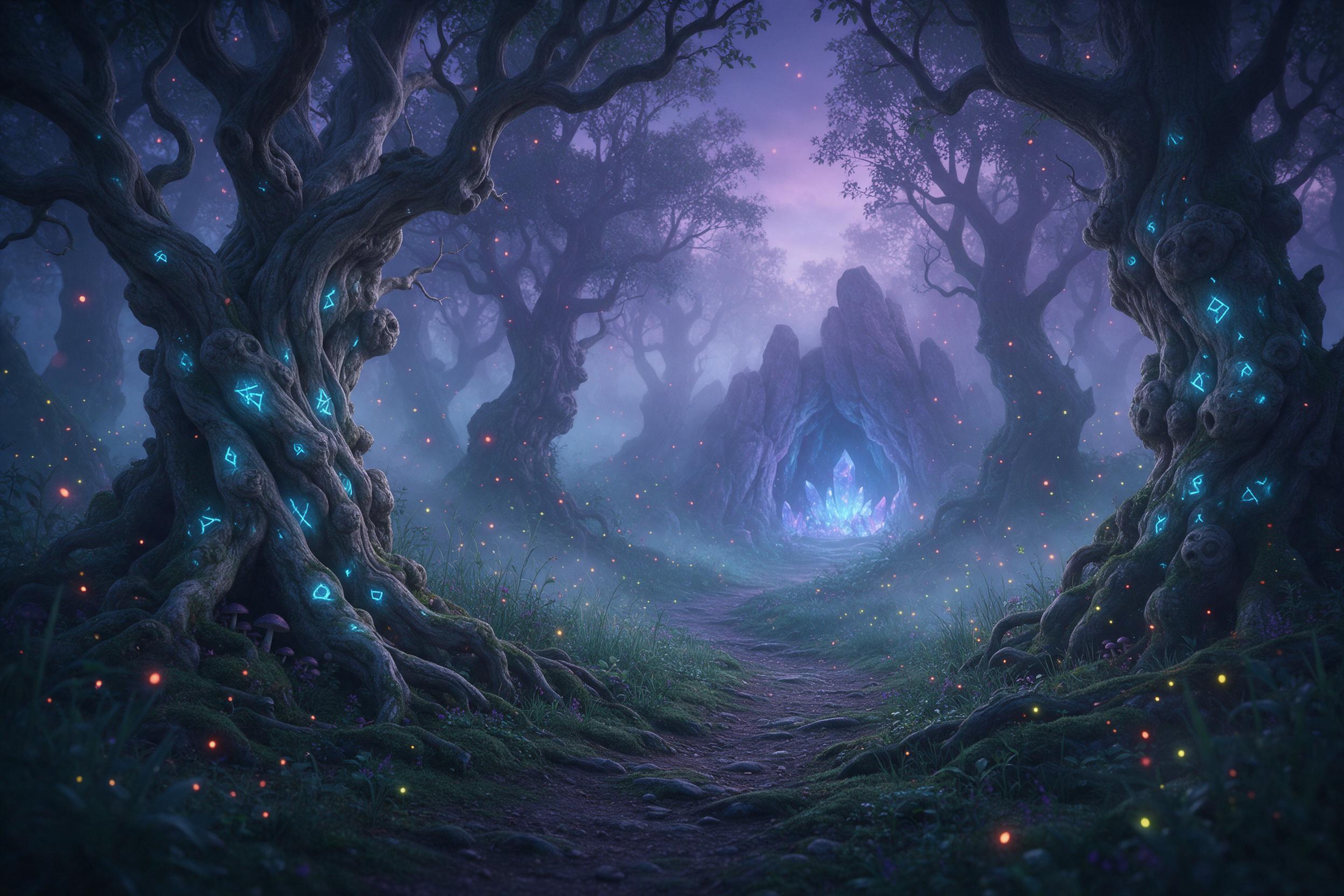 A misty enchanted forest at twilight, ancient gnarled trees with glowing blue runes, floating embers and fireflies, a winding mossy path leading to a distant luminous crystal cave, soft volumetric light filtering through fog, muted teal and violet palette, ethereal atmosphere, subtle long exposure f