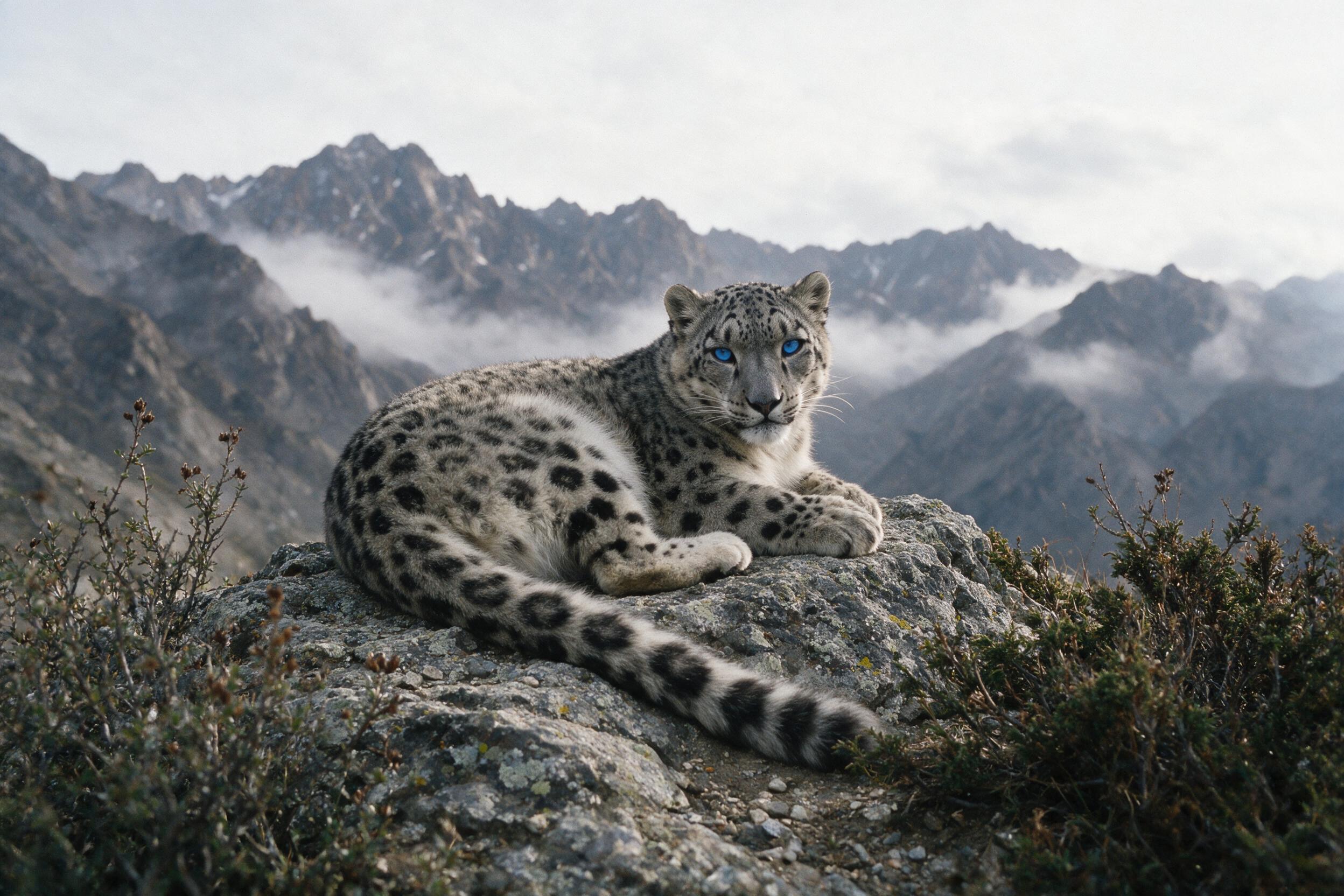 A solitary snow leopard rests on a rocky outcrop under a soft overcast sky, its fur blending with the granite. Sparse alpine shrubs frame the foreground. Natural diffused light, slight grain, shallow depth of field emphasizing the leopard's piercing blue eyes.