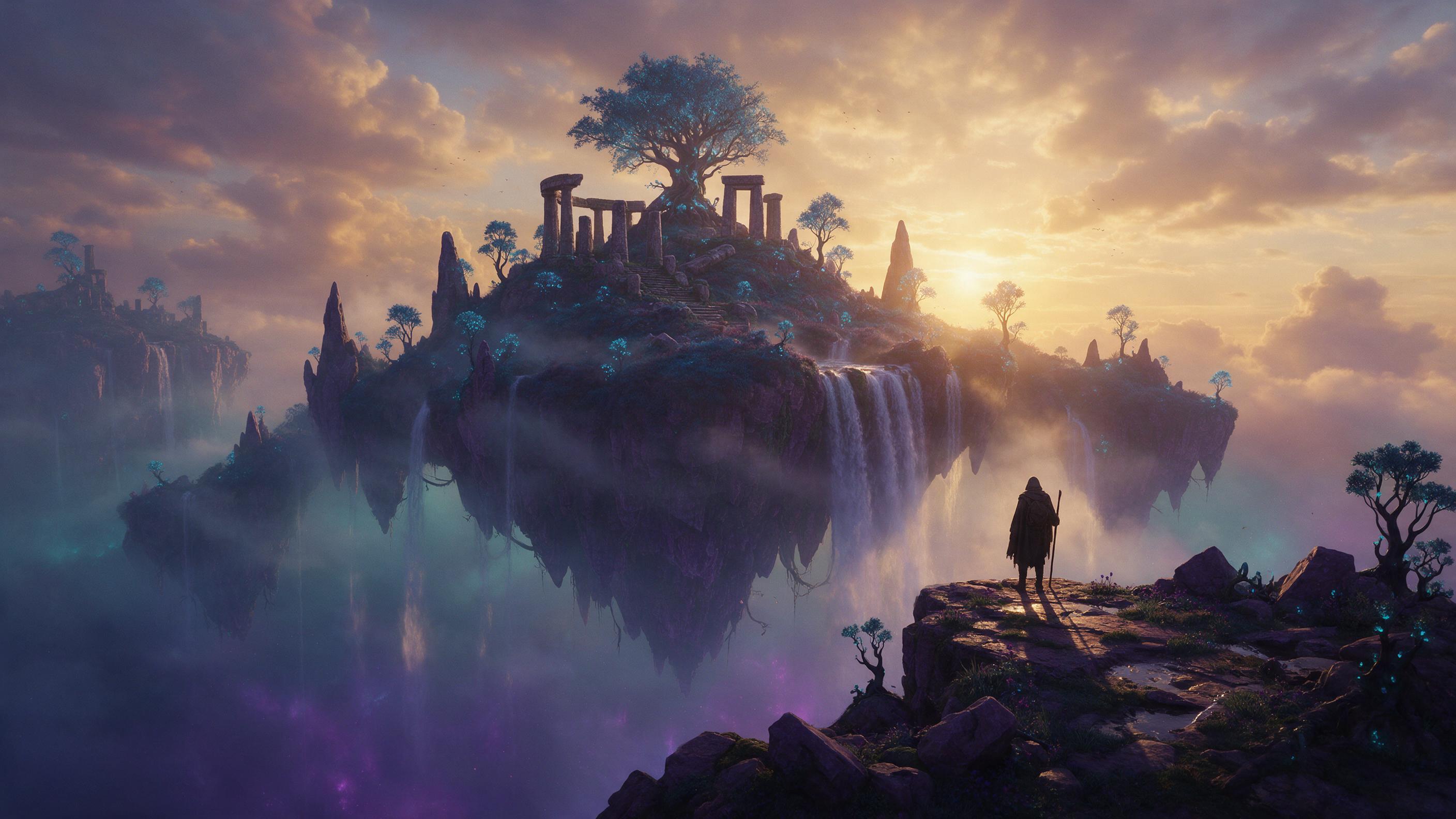 A mystical floating island with cascading waterfalls, glowing bioluminescent trees, ancient stone ruins, ethereal mist, soft golden sunset light casting long shadows, a lone explorer silhouetted on a cliff edge, deep purples and teals, cinematic composition
