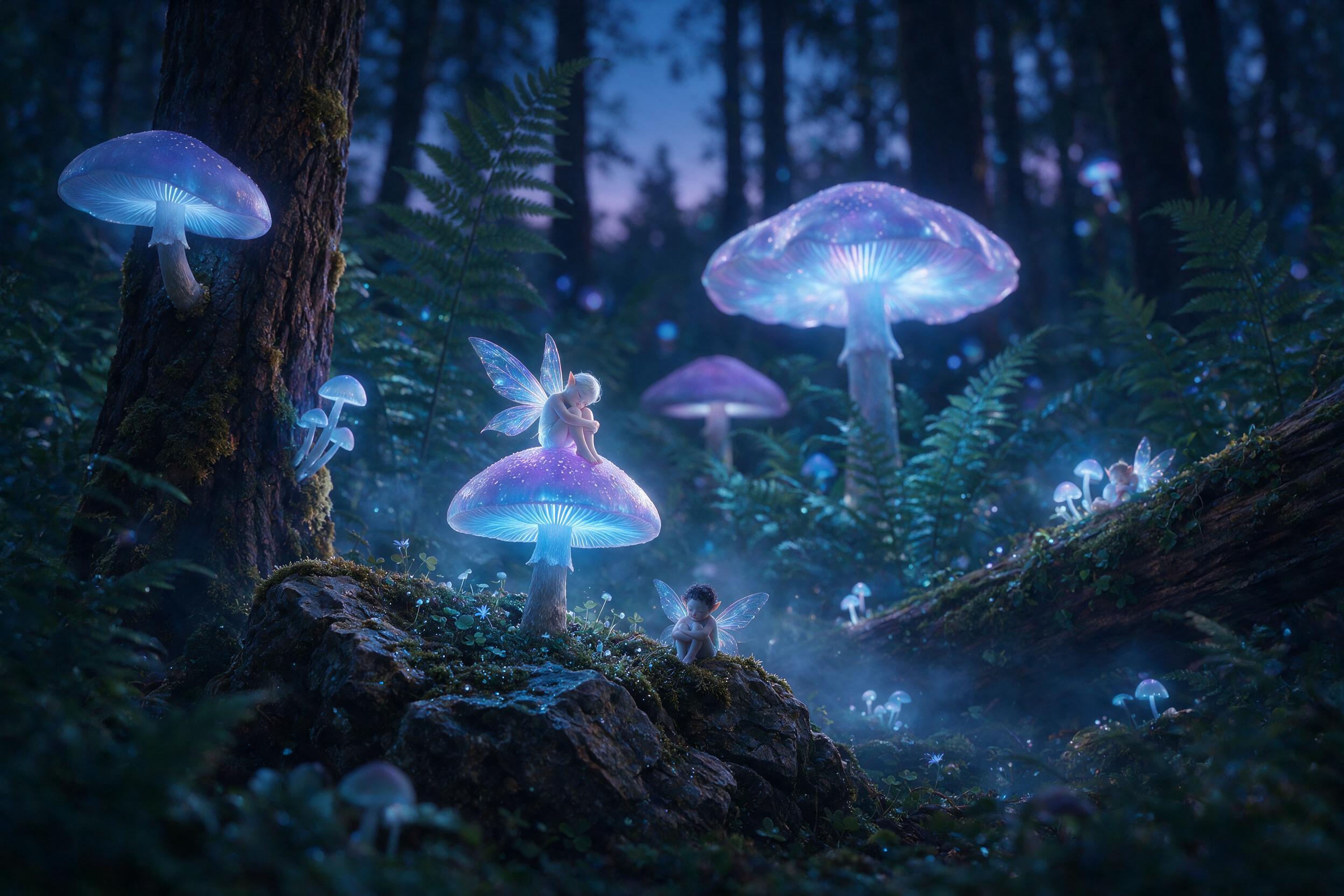 A glowing, translucent mushroom forest at twilight, soft bioluminescent blue and purple light, tiny winged fairies resting on mossy rocks, mist swirling between tall ferns, ethereal atmosphere, natural lighting from the mushrooms, shallow depth of field, slight blur in the background.