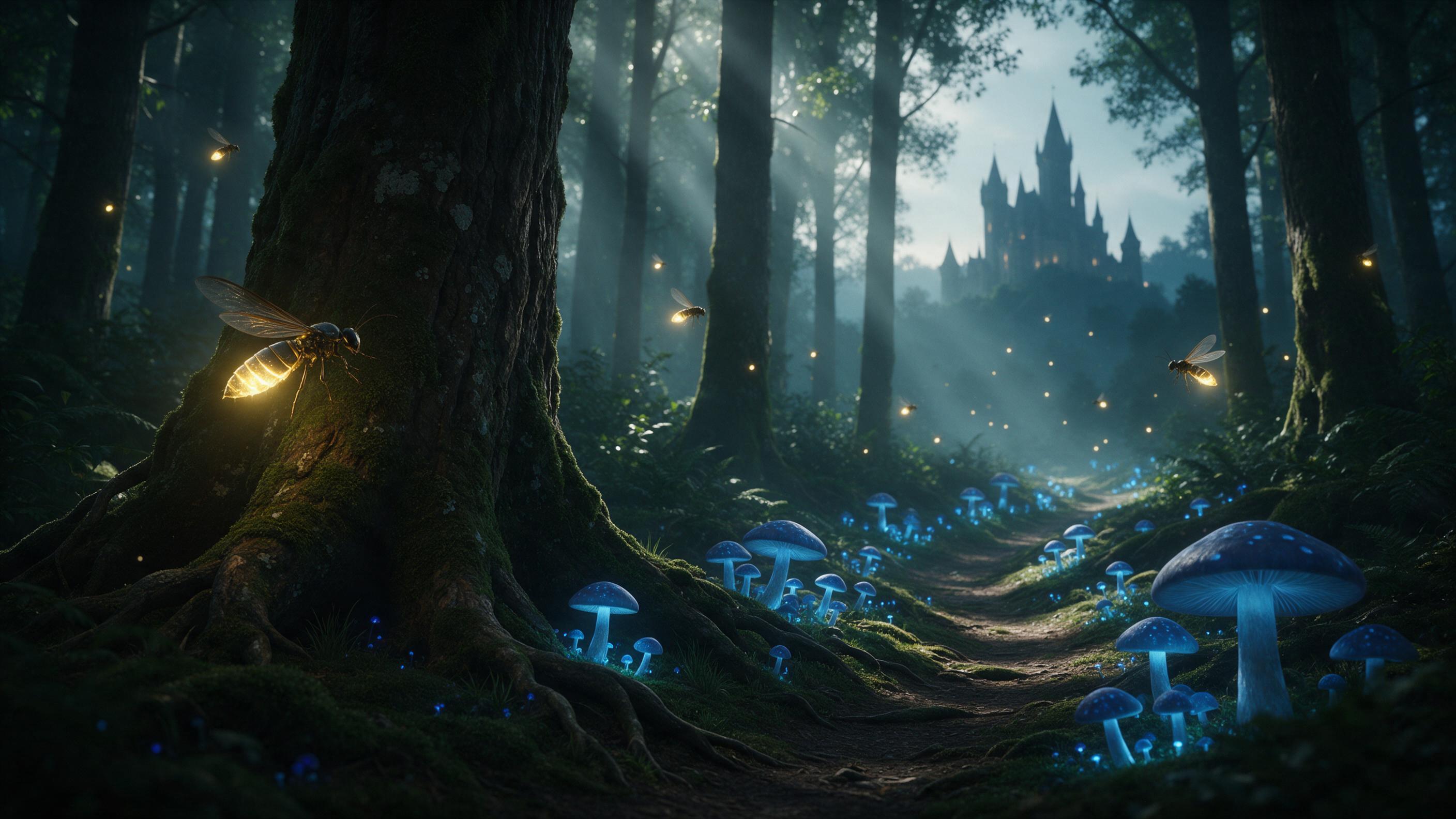 An ancient, misty forest where giant fireflies emit warm golden light, a winding path of glowing blue mushrooms leads to a distant castle silhouette, soft volumetric rays pierce the canopy, subtle fog, deep greens and teals, cinematic composition, dreamy atmosphere.