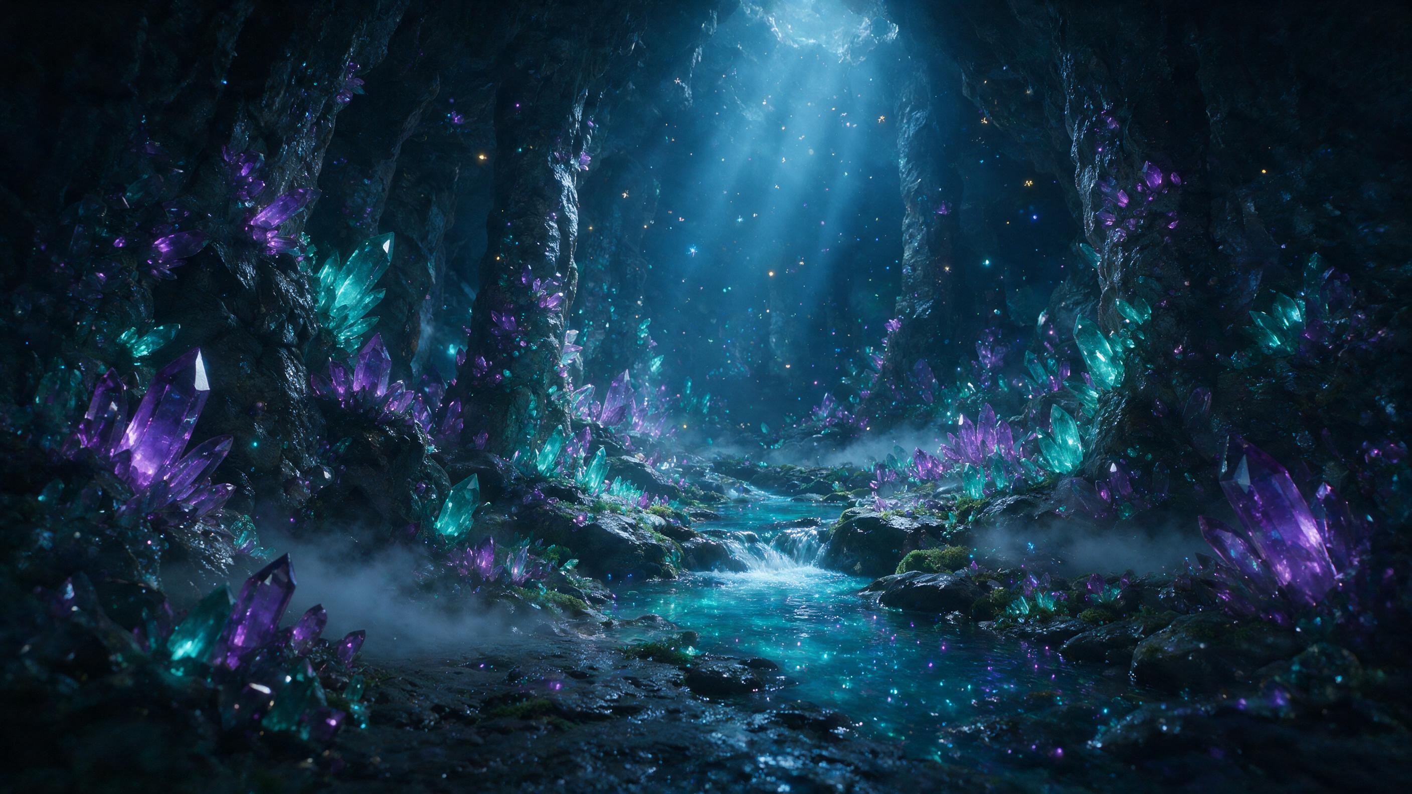 A moonlit crystal cavern deep underground, glowing violet and teal crystals jutting from wet rock, a small bioluminescent stream weaving through, mist curling low, soft blue light rays from a hidden crack above, scattered glowing spores drifting, damp stone texture, subtle reflections on water, cine