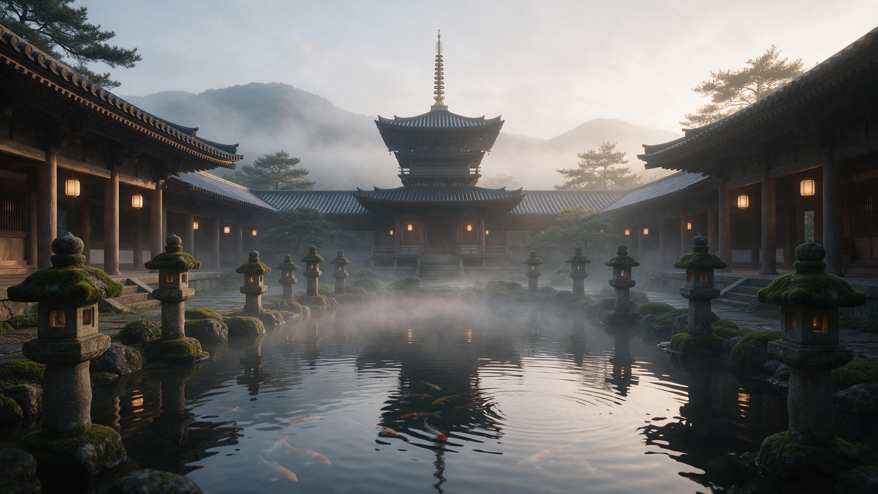 A serene Zen Buddhist temple courtyard at dawn, soft mist drifting over a koi pond with rippling reflections, warm lantern light spilling from wooden pillars, moss-covered stone lanterns, distant mountains shrouded in fog, minimalist composition with leading lines to the central pagoda