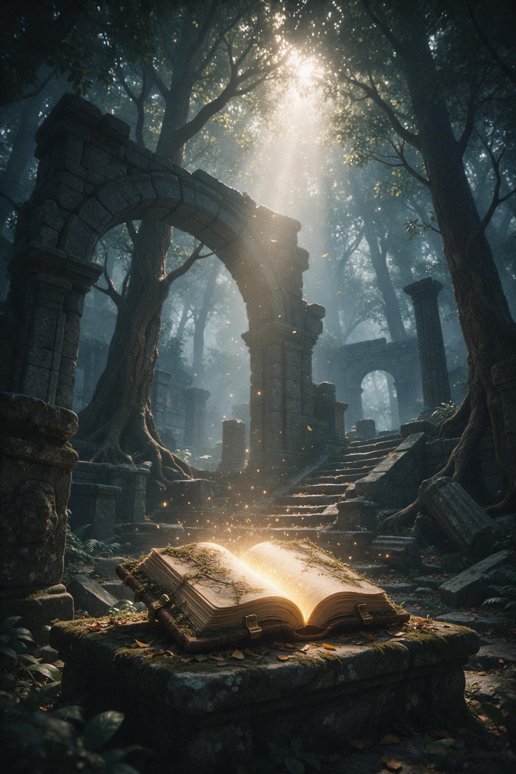 A forgotten library deep within an ancient forest, trees growing through shattered stone arches. A single beam of golden light pierces the canopy, illuminating floating dust and a glowing, moss-covered spellbook. Wide-angle composition, low-angle view, soft mist, ethereal atmosphere, subtle film gra