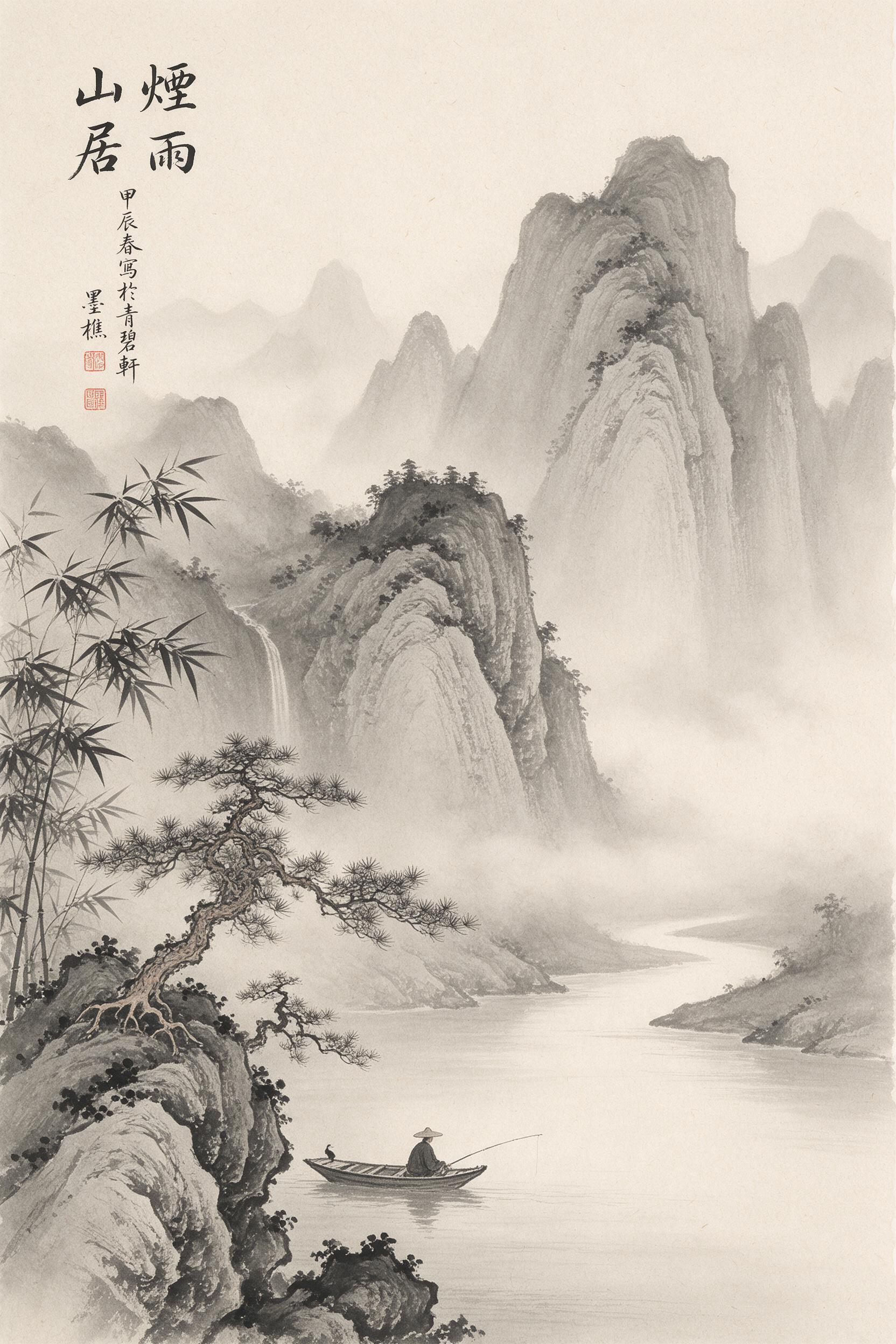 A traditional Chinese ink wash painting of towering misty mountains with a winding river, lone fisherman in a small boat, bamboo leaves and pine trees in foreground, soft gray gradients, minimal color, calligraphy brush strokes, paper texture, atmospheric perspective, serene morning light filtered t