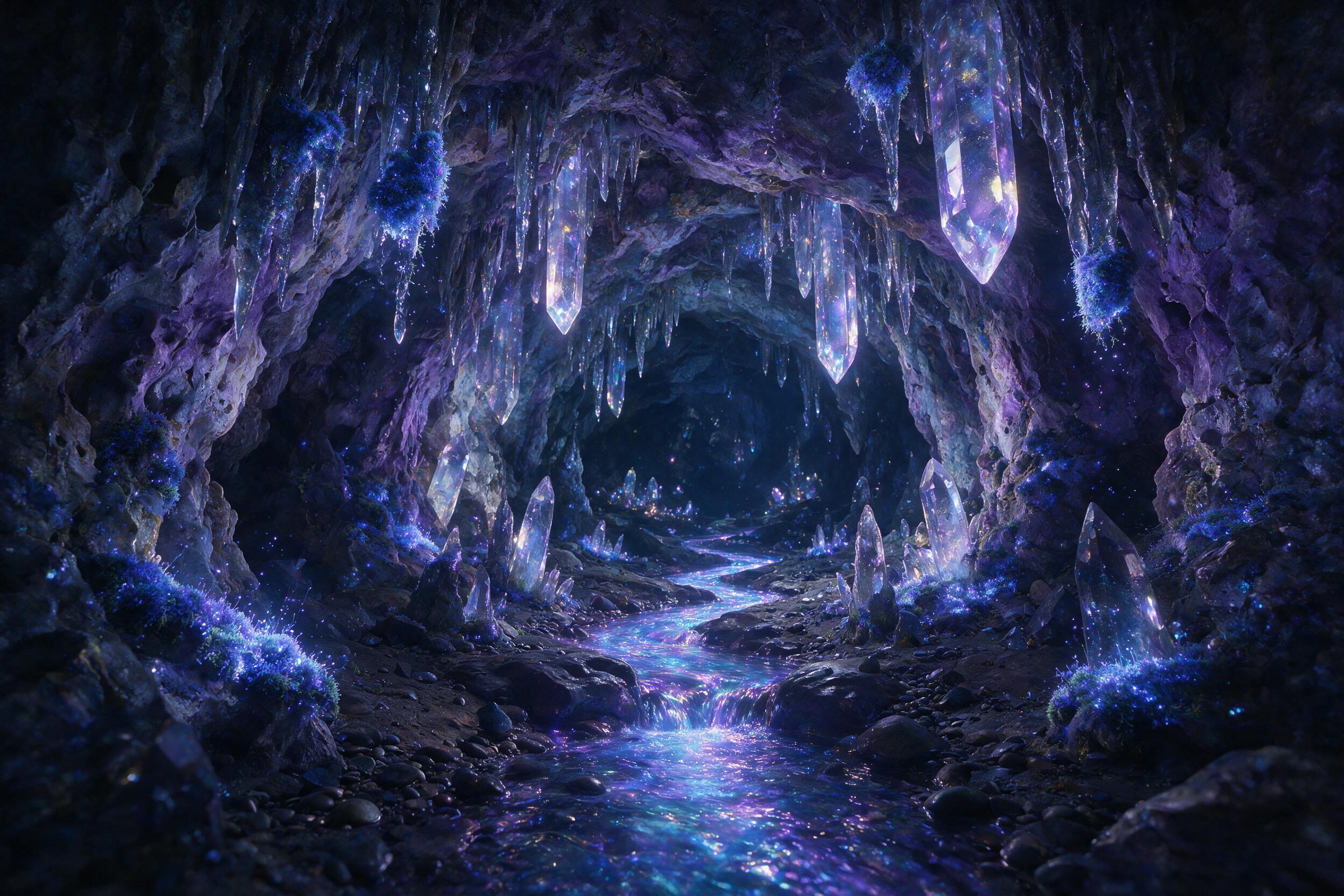 A glowing crystal cavern deep underground, bioluminescent moss on stalactites, a small stream of liquid light flowing through the center, soft blue and purple illumination, mysterious atmosphere, natural lighting from the crystals, wide angle composition