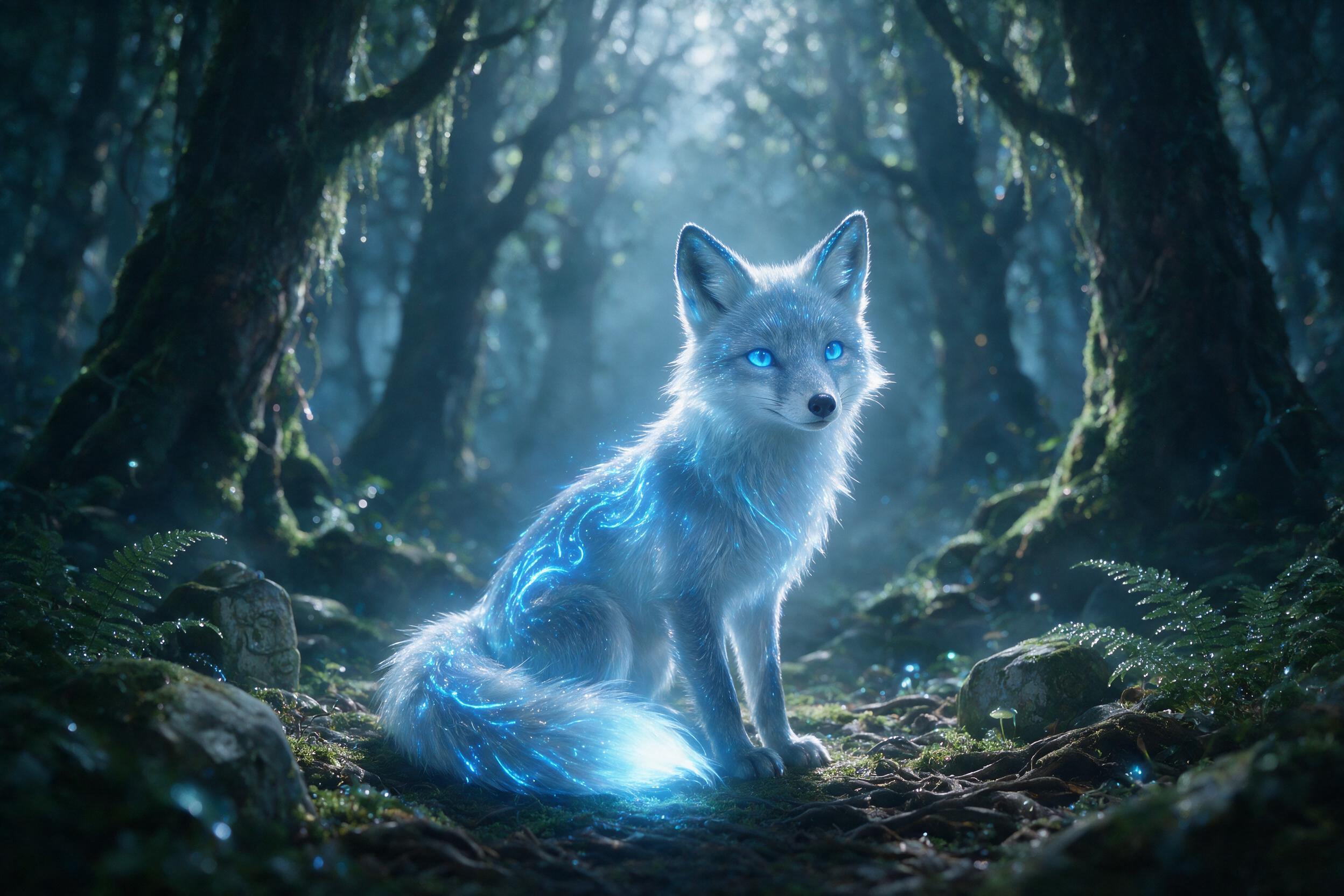 A glowing crystal fox sits in a moonlit misty forest, translucent blue fur, bioluminescent patterns along its back, ancient mossy stones around, soft volumetric light filtering through canopy, dew sparkling on ferns, ethereal atmosphere, delicate fur details, shallow depth of field.