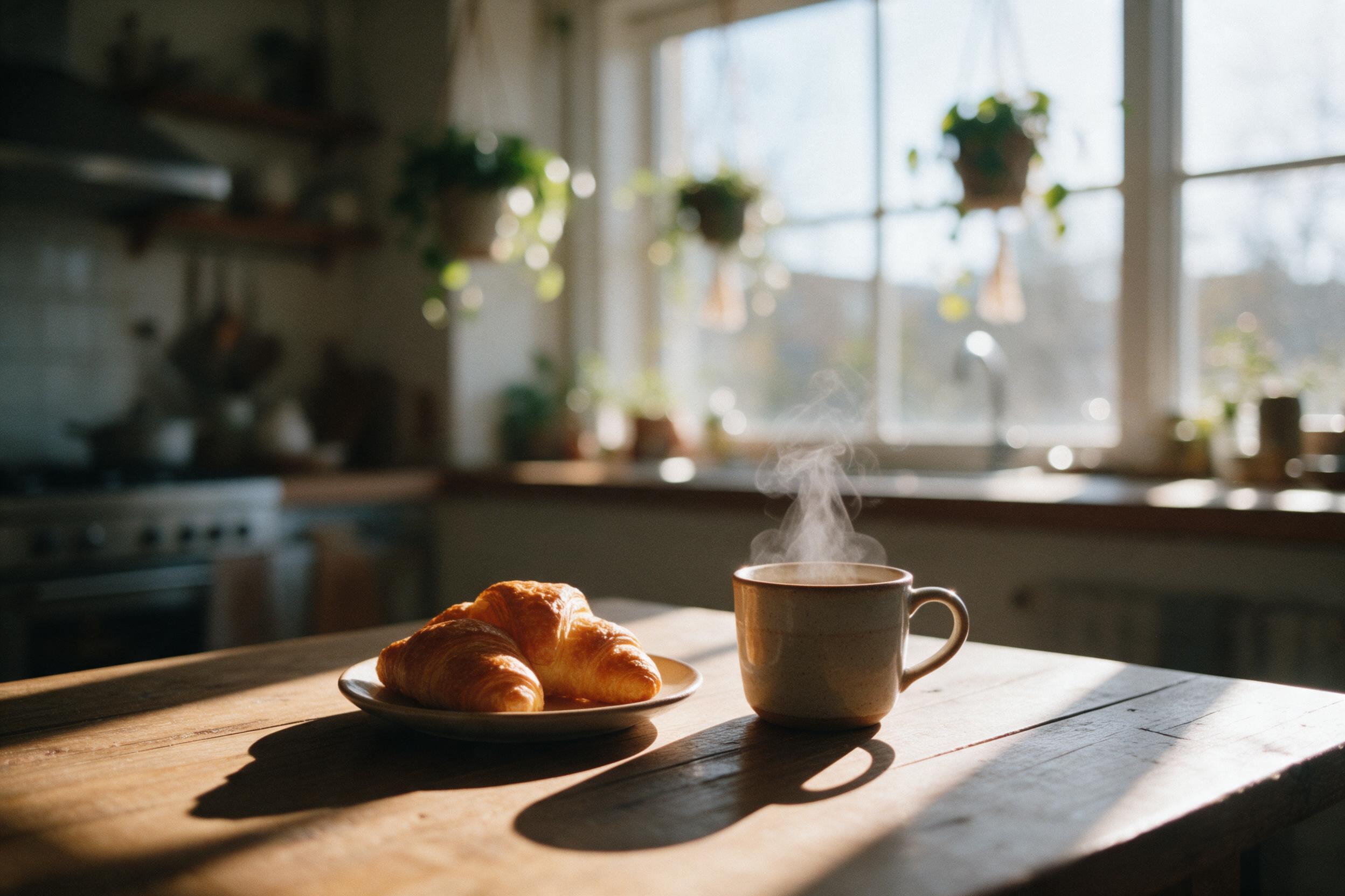 Cozy morning kitchen scene, warm sunlight streaming through a large window, casting long shadows on a rustic wooden table, fresh croissants and a steaming ceramic mug of coffee, soft bokeh from hanging plants, gentle film grain, candid atmosphere, shallow depth of field.