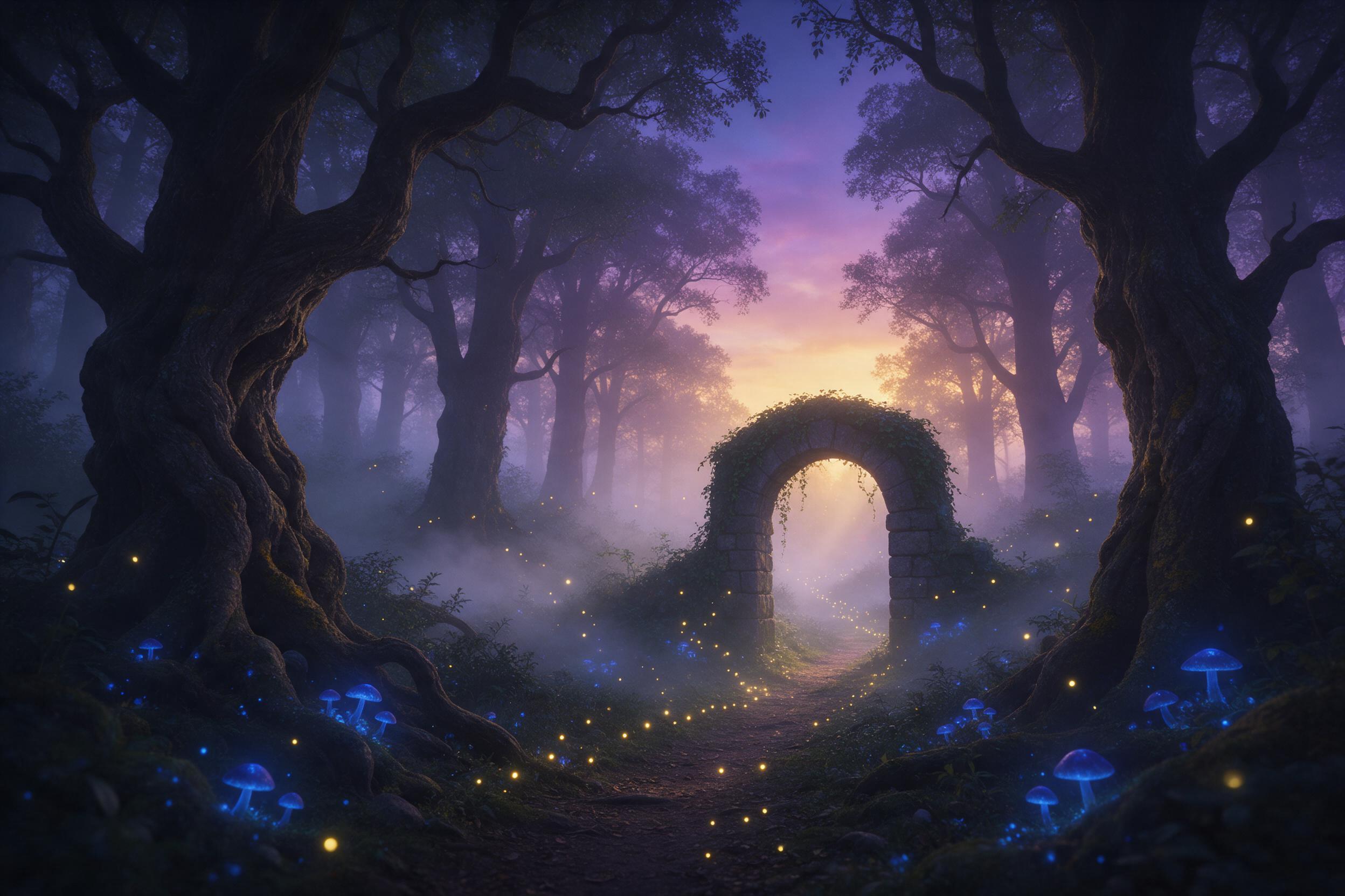 A misty enchanted forest at twilight, ancient gnarled trees with glowing blue mushrooms at their roots, floating fireflies forming a spiral path, soft fog catching the last golden light, a small stone archway covered in ivy, ethereal atmosphere, muted greens and deep purples, gentle volumetric rays,