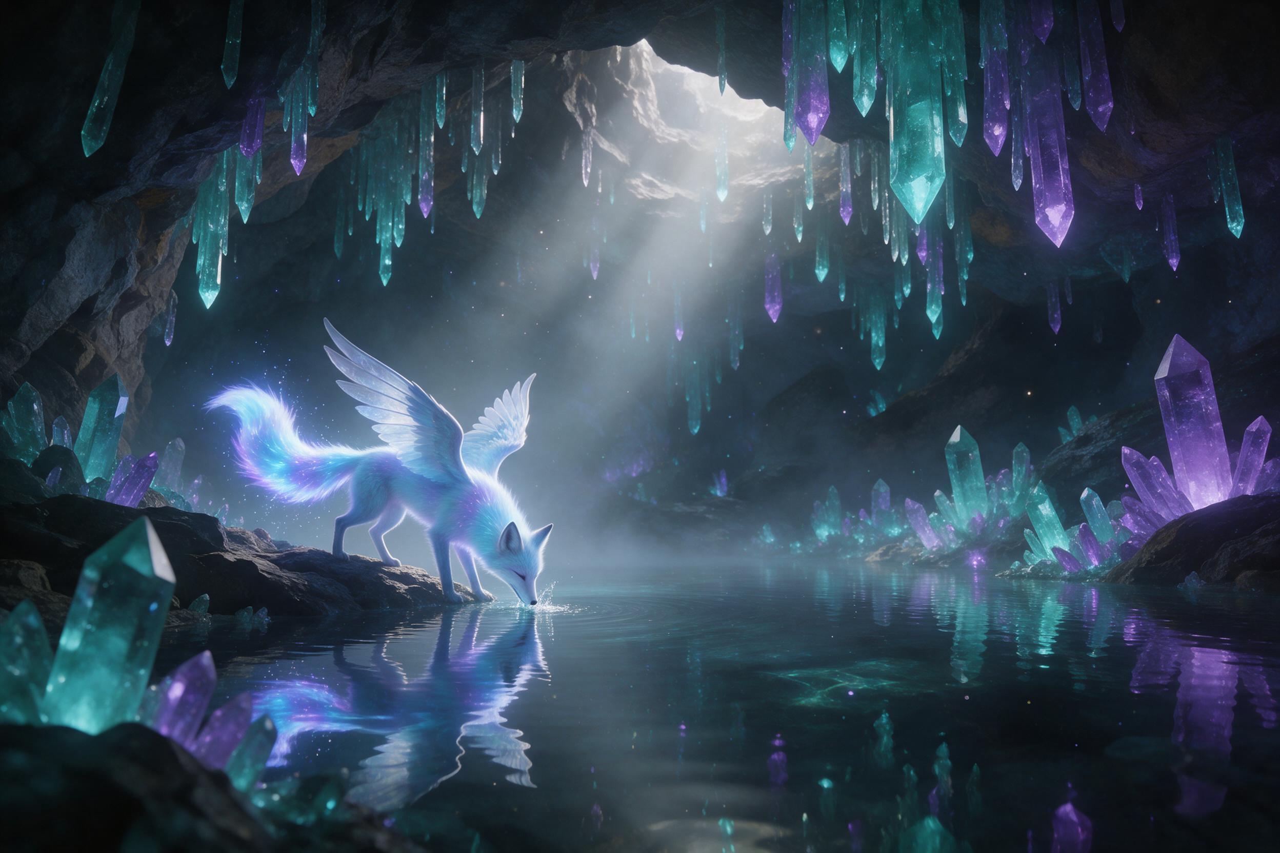 A bioluminescent crystal cave, glowing teal and violet crystals hanging from the ceiling, reflecting in a still underground lake. An ethereal fox with translucent wings and a glowing tail drinks at the water's edge. Soft volumetric light beams from a hidden fissure above, casting a shimmering mist. 